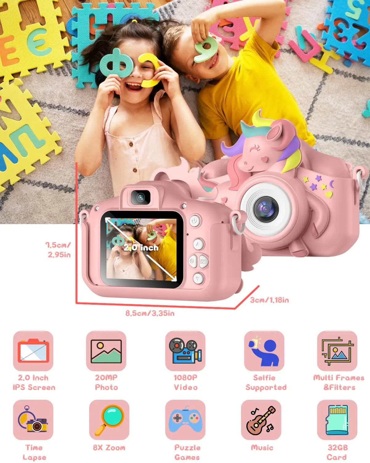 Kid's 2 Inch Cartoon Selfie Camera 20MP 1080P HD Digital Toy With 32GB Card For Girls And Boys