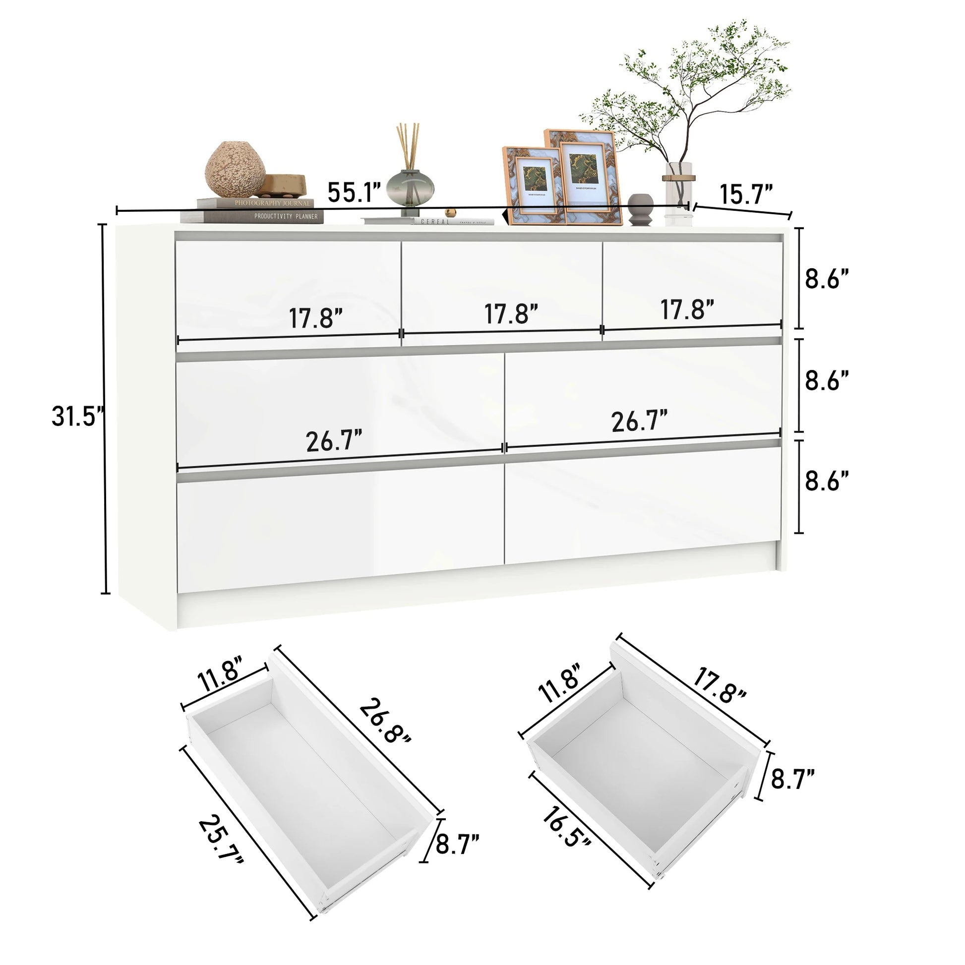 7 Drawer Dresser for Bedroom, 55 Inch Modern Dresser with High Gloss Drawers, Large Wood Chest of Drawer, White/Black - Loving Babies & Pets Shop