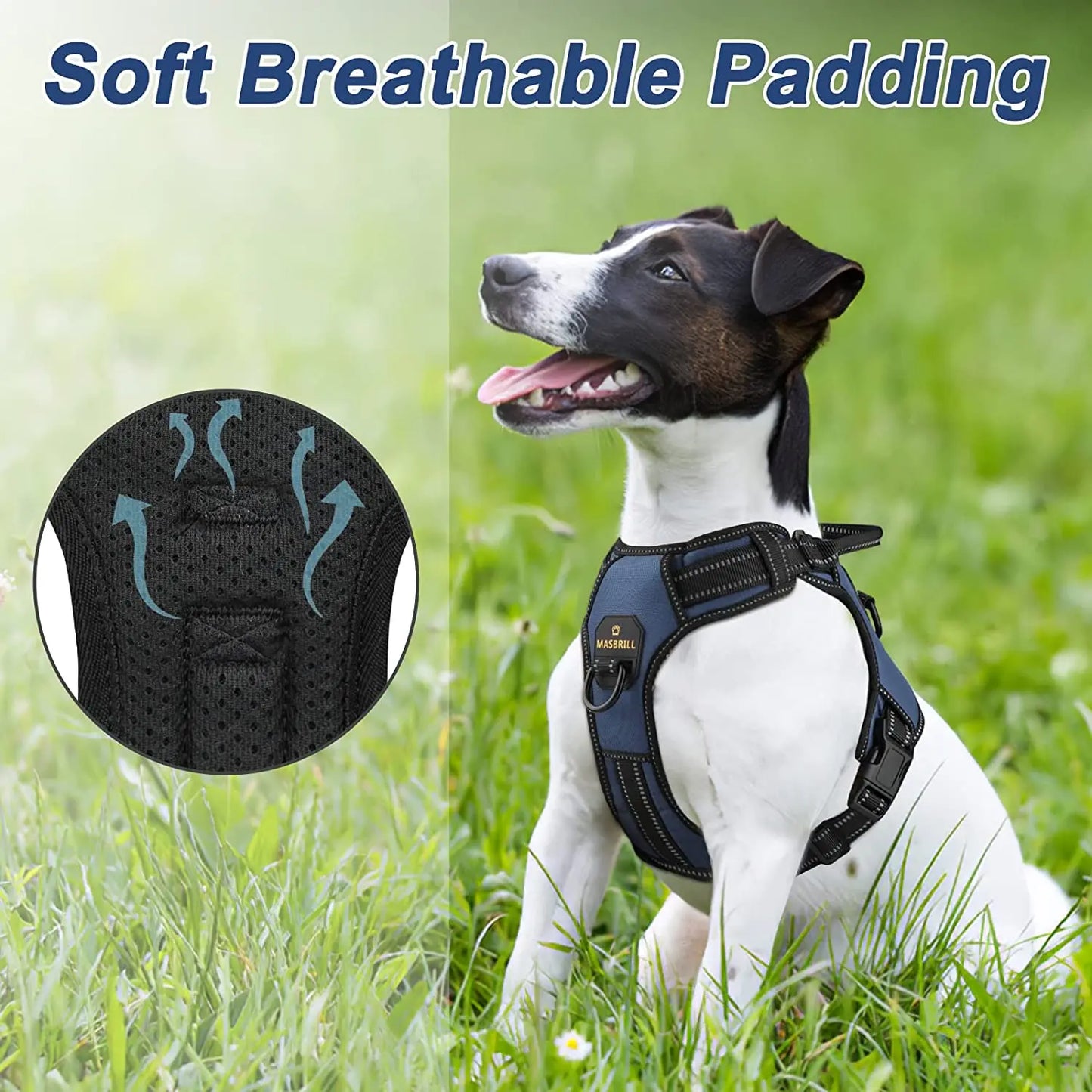 MASBRILL Dog Harness No Pull Nylon Adjustable Reflective Dog Vest Harness 2 Metal Leash Hooks Easy Control Handle Walking