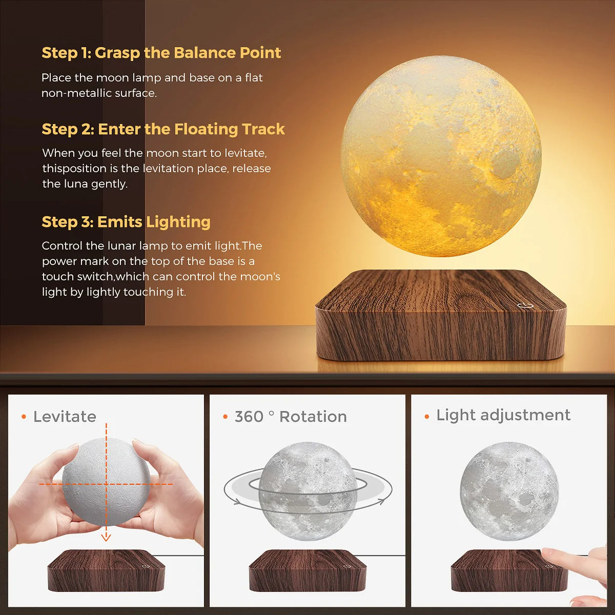 Magnetic Floating Rotating Moon Lamp with Wooden Base, 3 Color Temperature LED Night Lights of Print 3D for Unique Gifts, Room - Loving Babies & Pets Shop