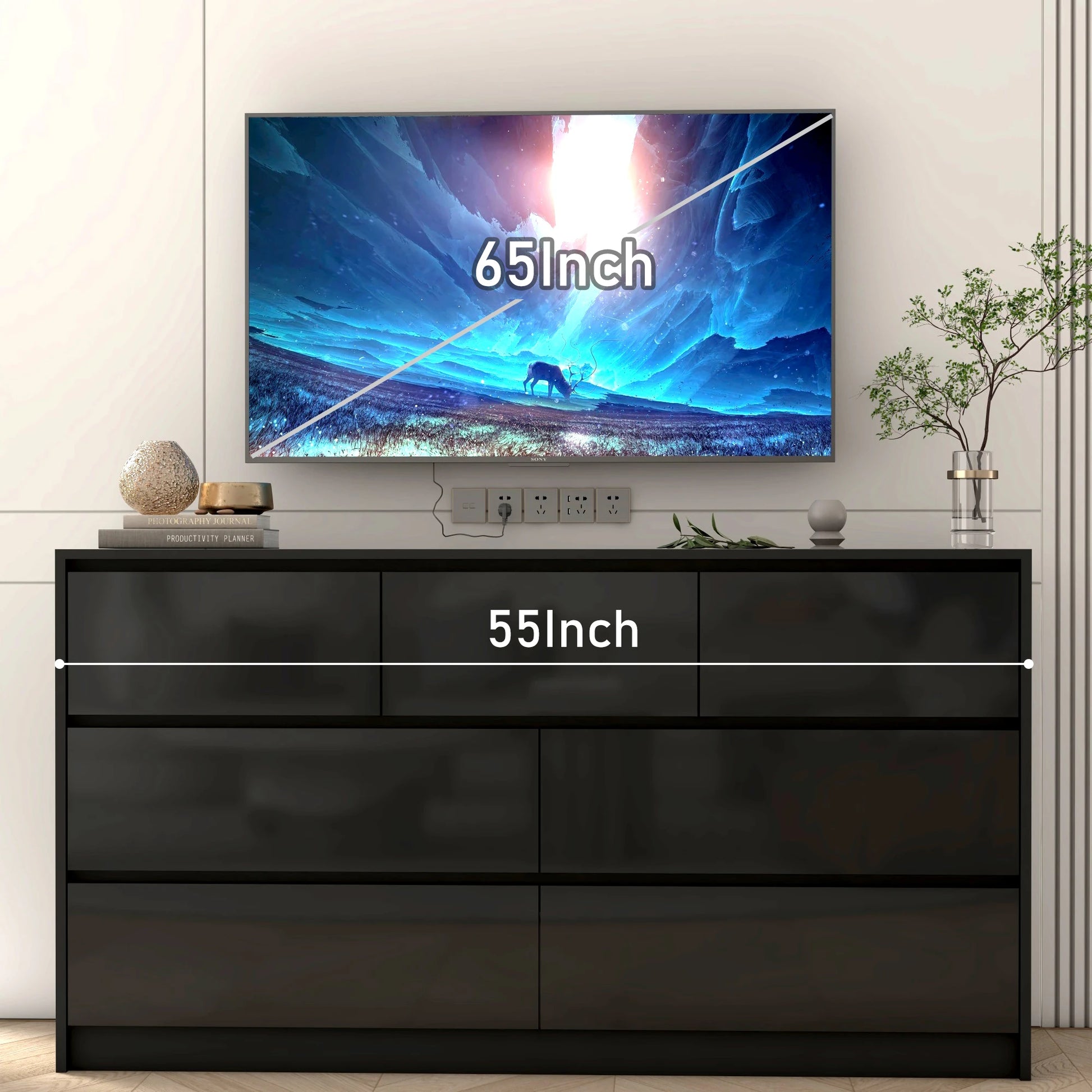 7 Drawer Dresser for Bedroom, 55 Inch Modern Dresser with High Gloss Drawers, Large Wood Chest of Drawer, White/Black - Loving Babies & Pets Shop