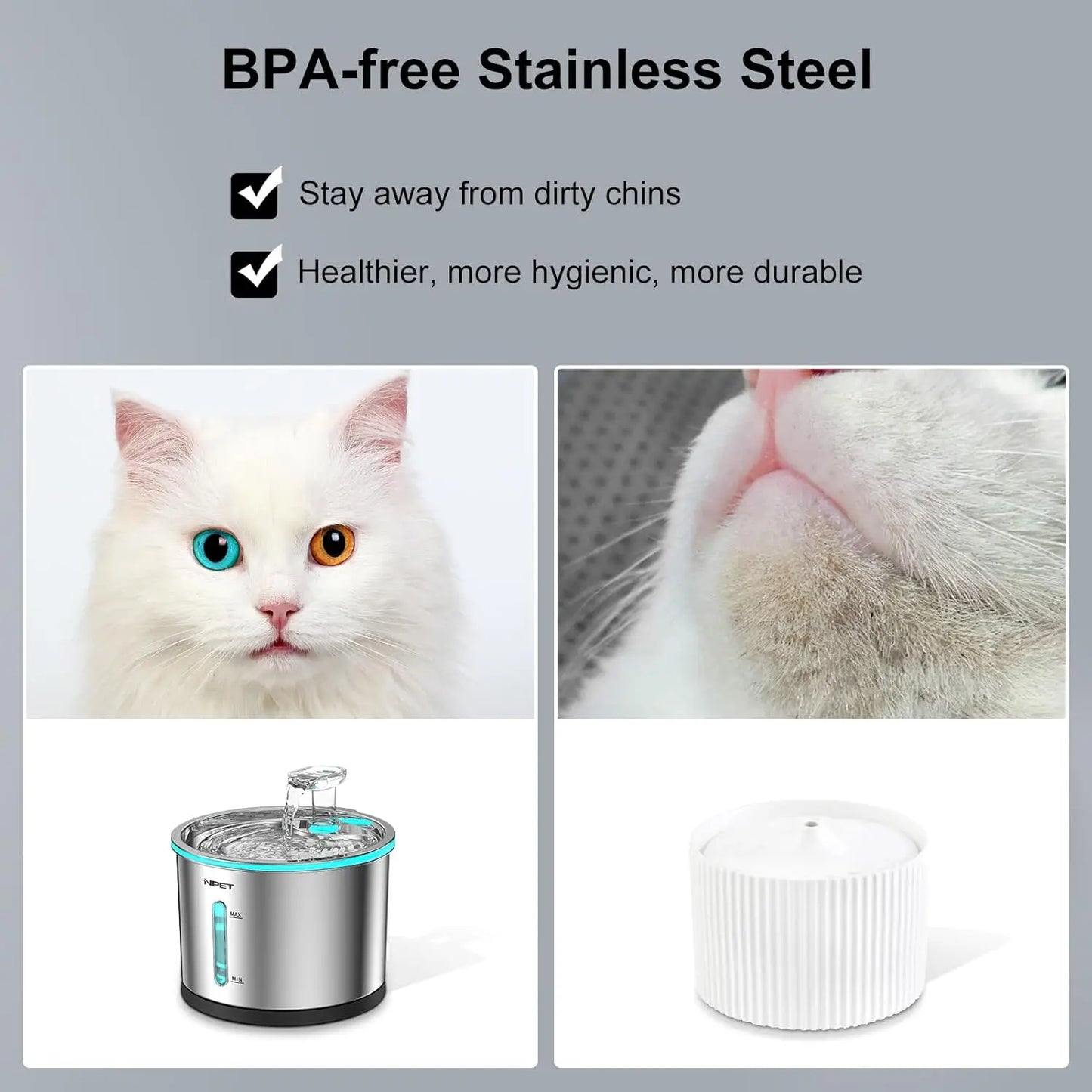 NPET Cat Water Fountain Stainless Steel, 50oz/1.5L Dishwasher Safe Pet Water Fountain with Visible Window Light for Cats - Loving Babies & Pets Shop
