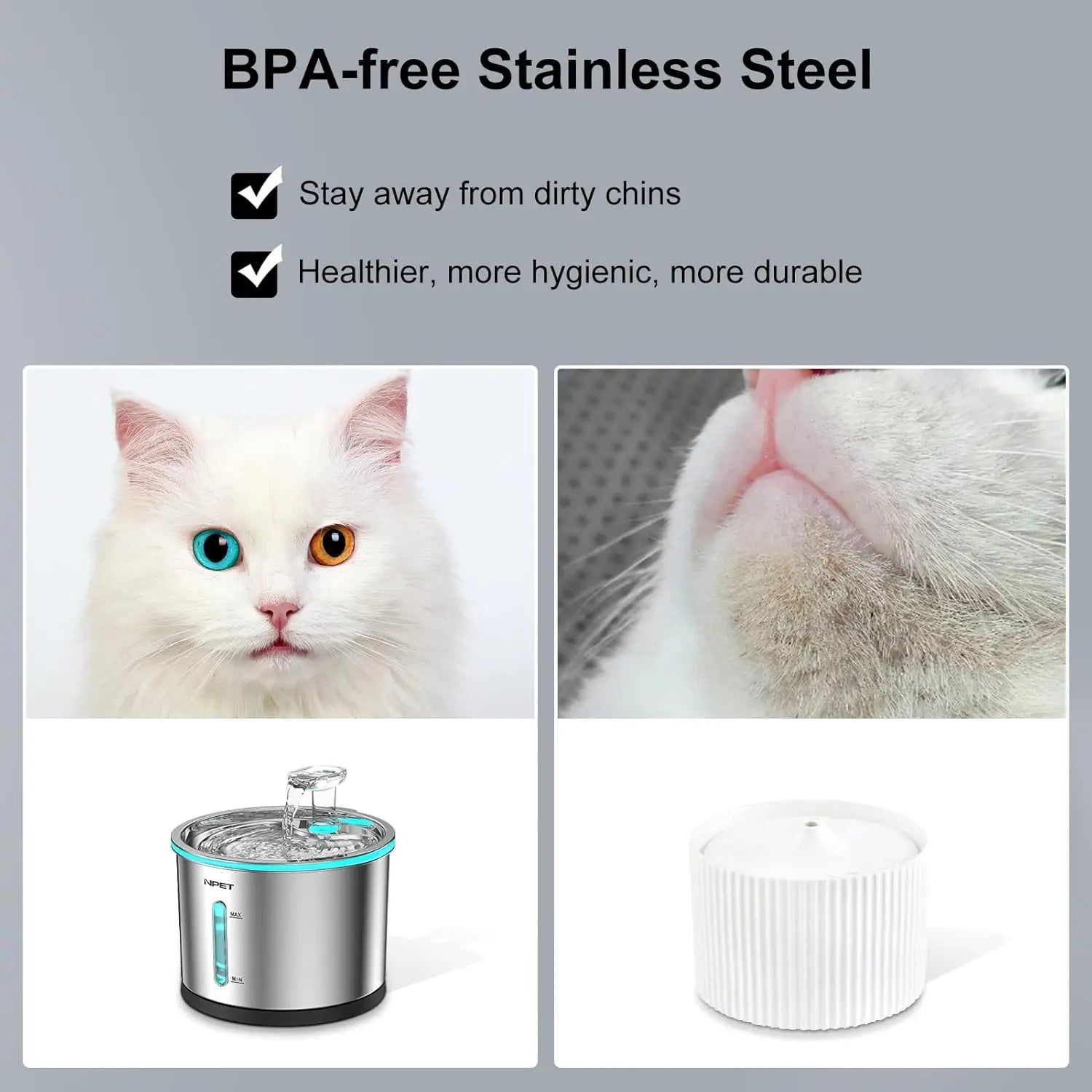 NPET Cat Water Fountain Stainless Steel, 50oz/1.5L Dishwasher Safe Pet Water Fountain with Visible Window Light for Cats - Loving Babies & Pets Shop