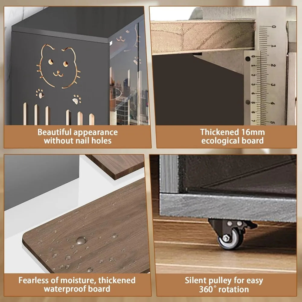 Large Enclosed Cat Condo Wooden Cat Villa Indoor Outdoor Enclosure with Wheels