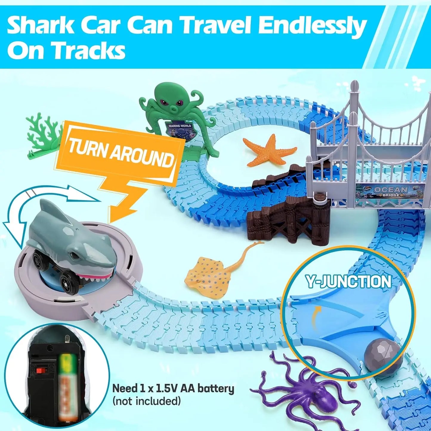 VATOS Shark Race Car Track Toy Set for Boys and Girls Age 3 Plus Flexible Ocean Adventure