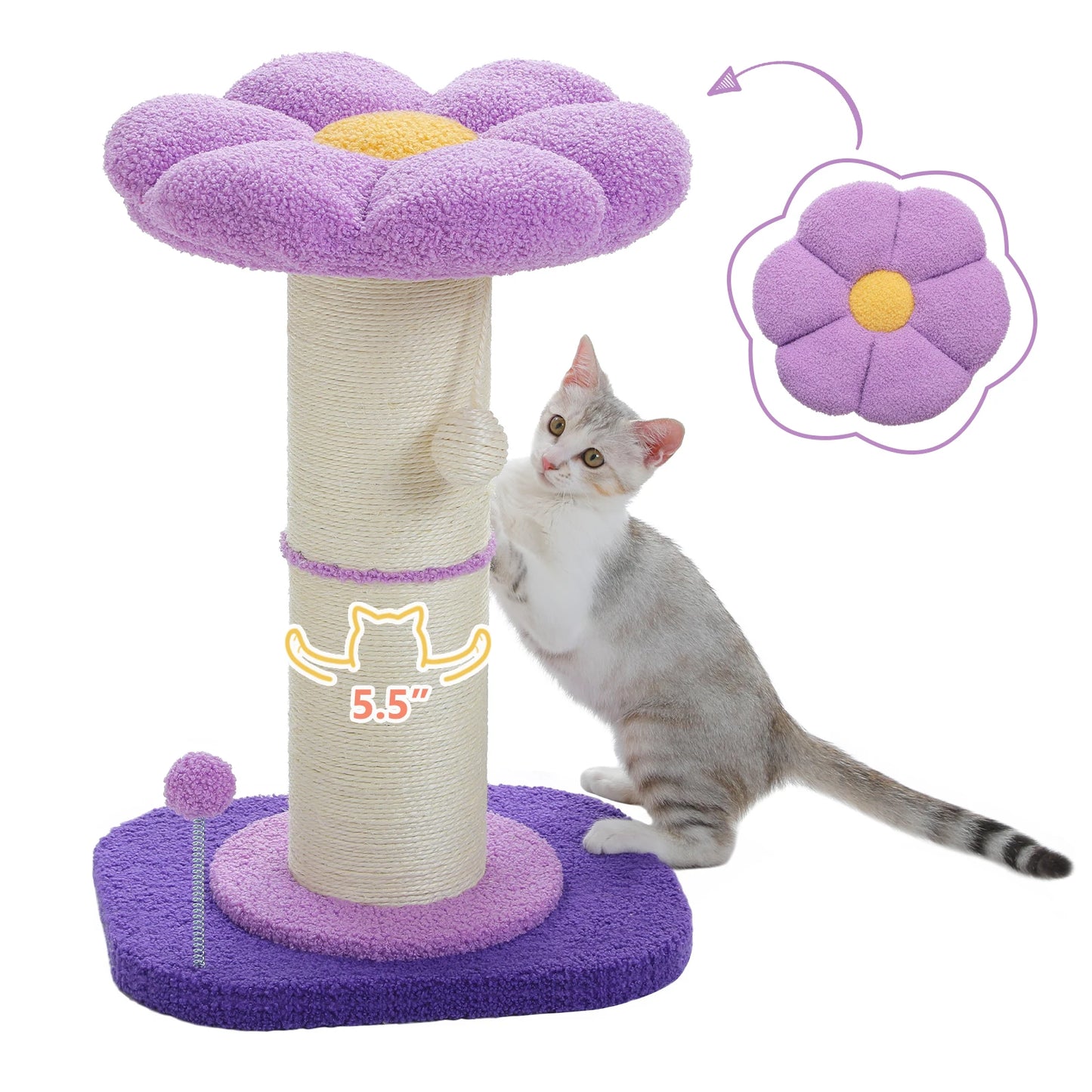 Flower Small Cat Tree Cat Scratching Post for Indoor with Super Thick Natural Sisal Post Pink Stable Removable Perch Mat Balls