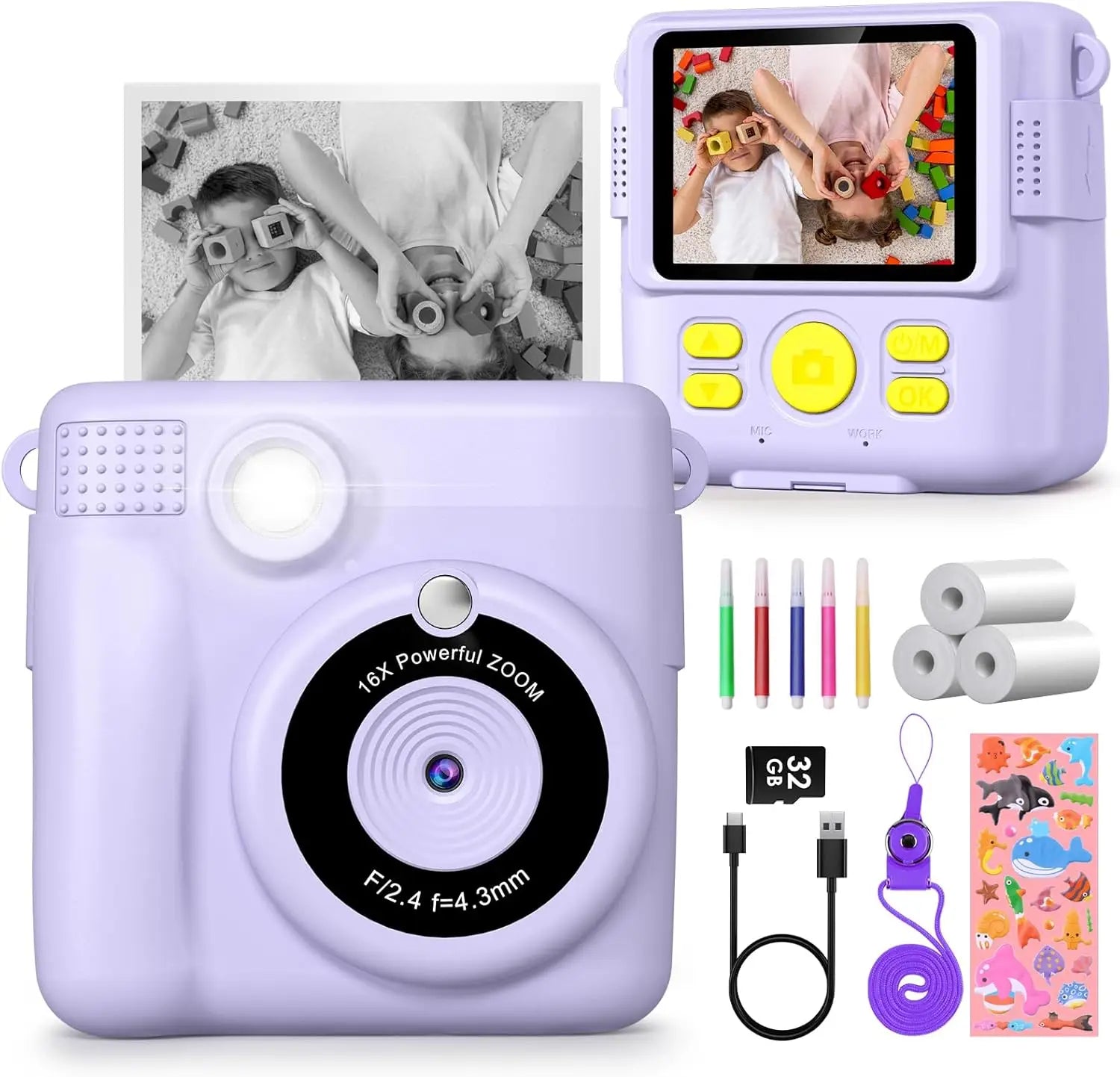 Kids Digital Camera 1080P HD Instant Print Camera Portable Camera Toy with 32GB Card Gift For Boys Girls 3-12 - Loving Babies & Pets Shop