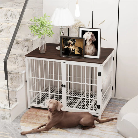 Large Wooden Dog Crate Indoor Furniture Style Elevated Pet Dog Cage Kennel End Table Lattice Playpen with 3 Doors Removable Tray - Loving Babies & Pets Shop