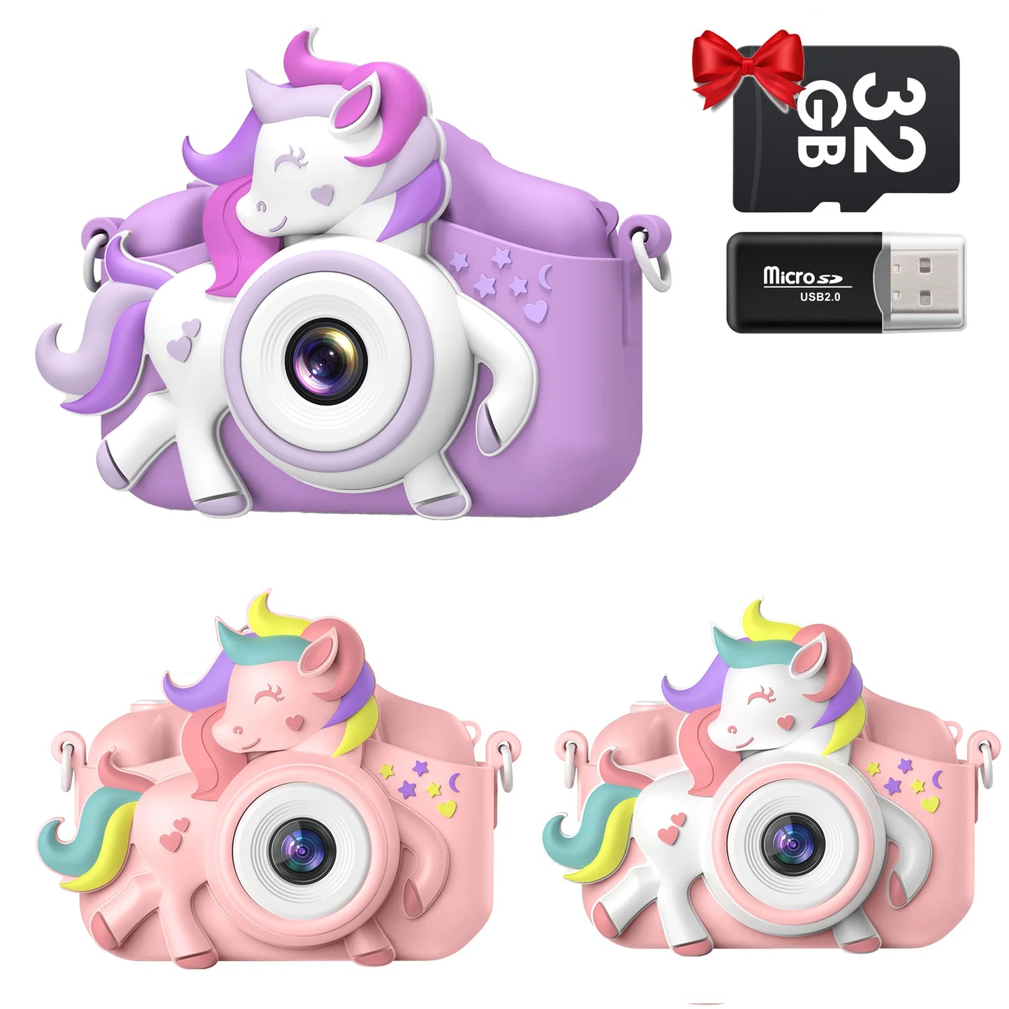 Kid's 2 Inch Cartoon Selfie Camera 20MP 1080P HD Digital Toy With 32GB Card For Girls And Boys