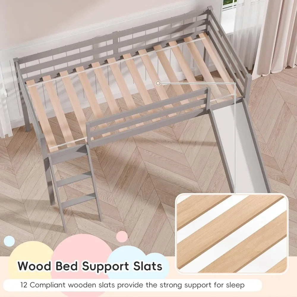 Toddler Loft Bed with Slide Climbing Ladder Safety Guard Rail and Lower Storage Space