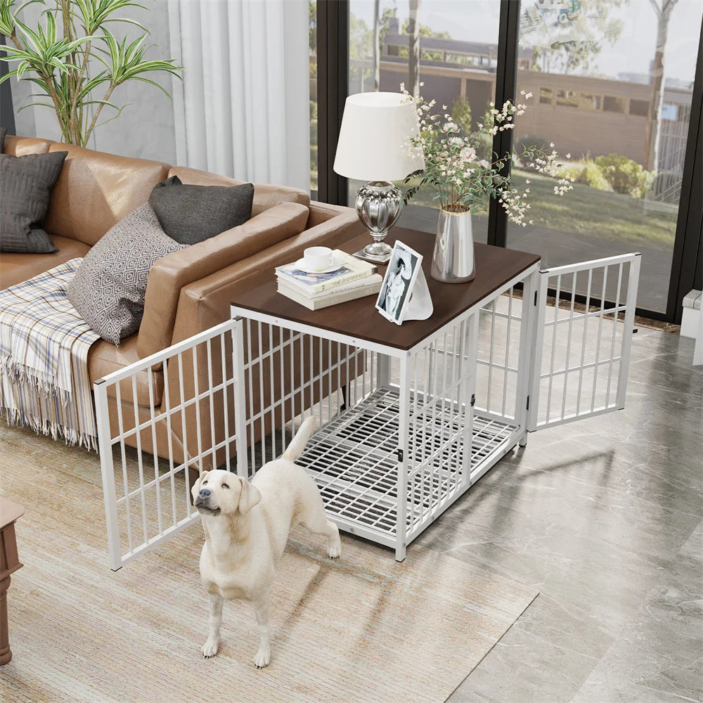 Large Wooden Dog Crate Indoor Furniture Style Elevated Pet Dog Cage Kennel End Table Lattice Playpen with 3 Doors Removable Tray - Loving Babies & Pets Shop