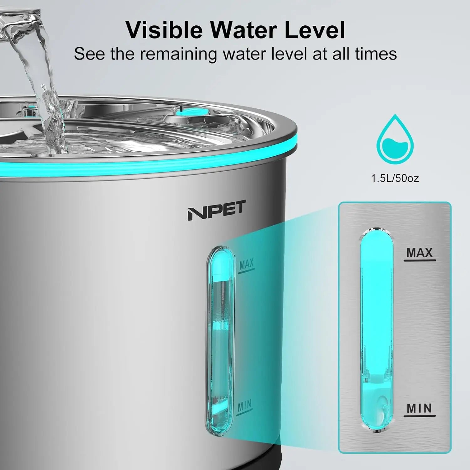 NPET Cat Water Fountain Stainless Steel, 50oz/1.5L Dishwasher Safe Pet Water Fountain with Visible Window Light for Cats - Loving Babies & Pets Shop
