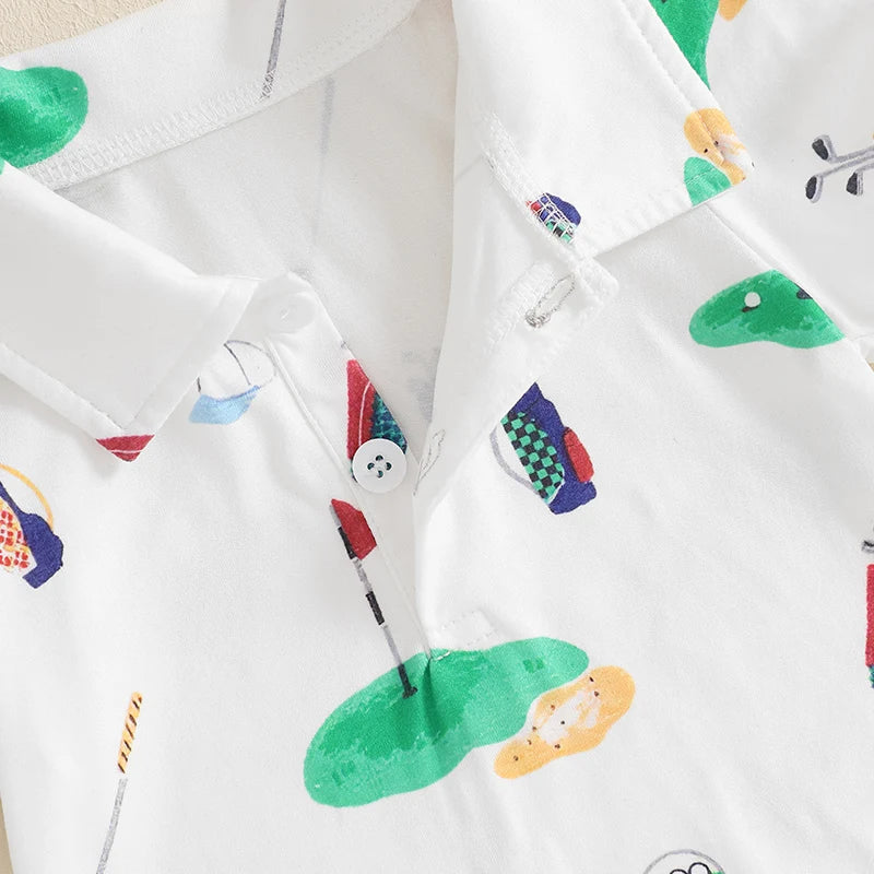 Unisex Infant Golf Romper with Half Button-up Lapel Neck and Short Sleeves for Boys and Girls