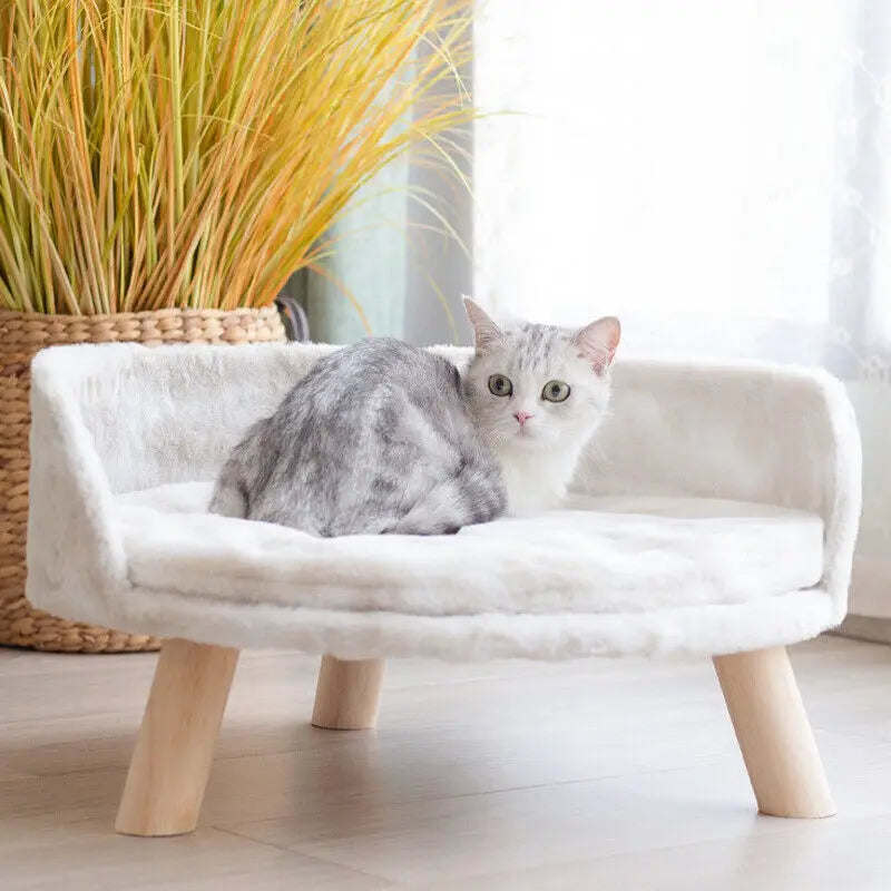 Luxury Soft Cat Bed Warm Plush Fabric Pet Nesting Chair Bed Washable Couch Wood Legs with Cushion Pad  for Small Pets - Loving Babies & Pets Shop