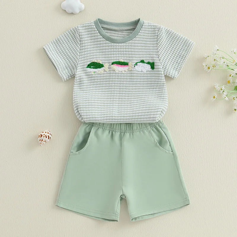 Infant Boy Animal Embroidery Tee and Stylish Plaid Shorts Summer Outfit Set