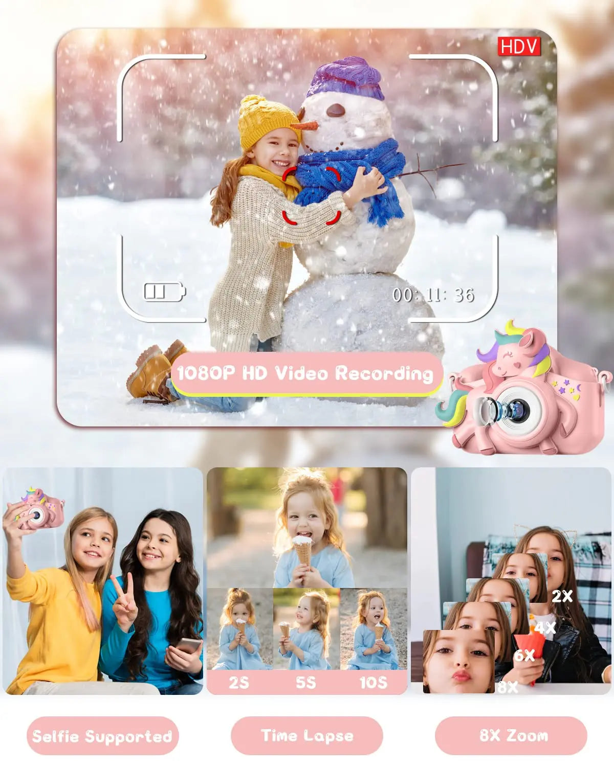 Kid's 2 Inch Cartoon Selfie Camera 20MP 1080P HD Digital Toy With 32GB Card For Girls And Boys