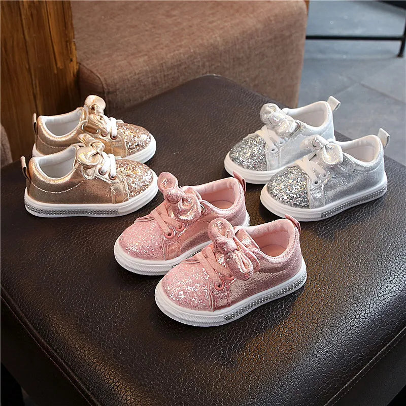 Girls Shoes Spring & Autumn  Toddler Children Baby Casual Shoes Sequins Bowknot Crystal Run Sport Sneakers Shoes For Girls