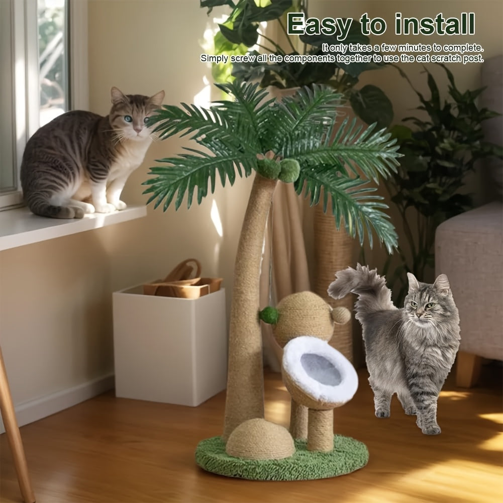 33 Inch Large Cat Scratching Post with Curved Palm Tree Design and Interactive Toys