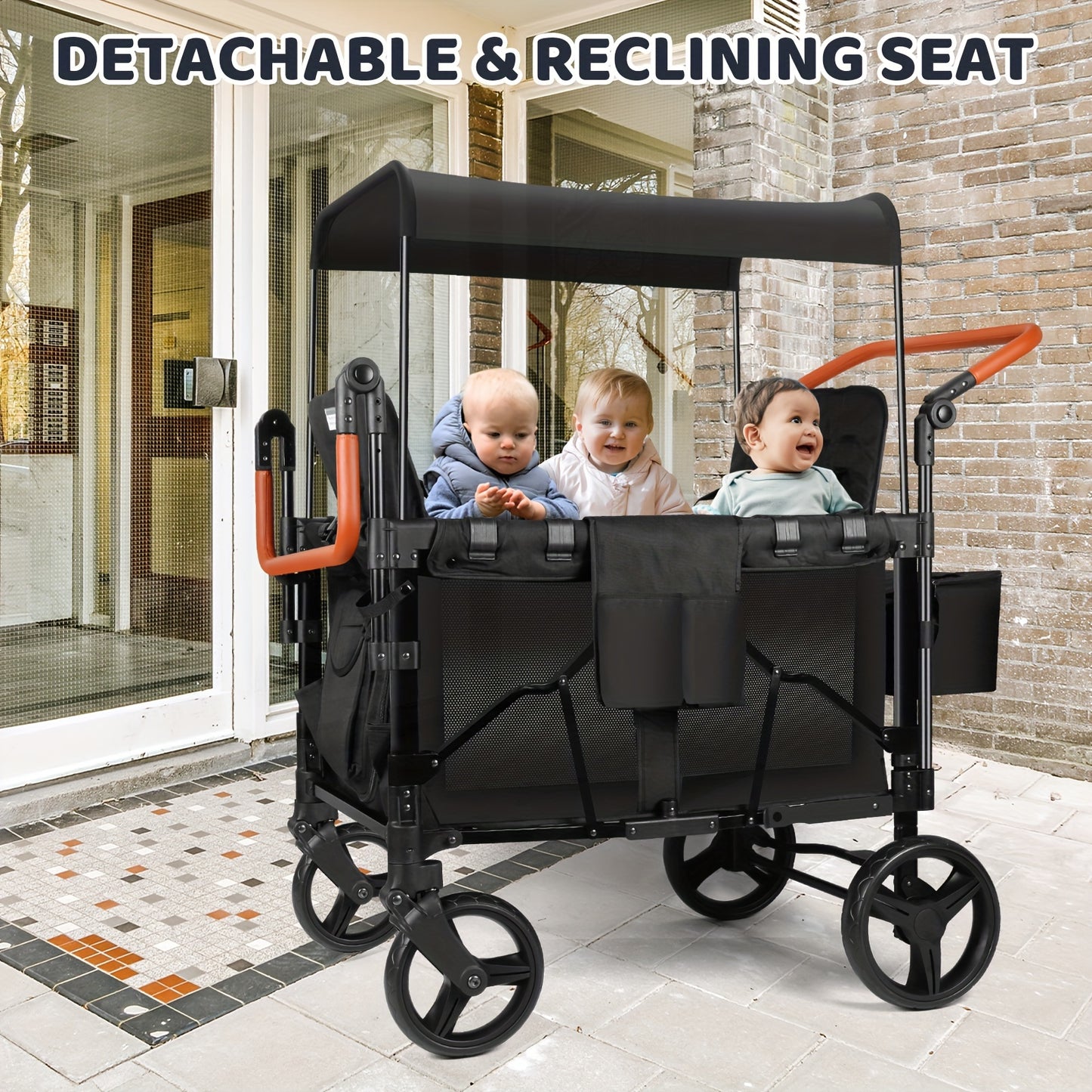 Luxury Foldable Stroller Wagon with Adjustable Canopy - Black/Gray, Durable Iron Frame, Polyester Fabric, 5-Point Harness, Dual Installation, Ideal for Outdoor Adventures, Supports Up to 55 lbs, Wagon Stroller, SERLD