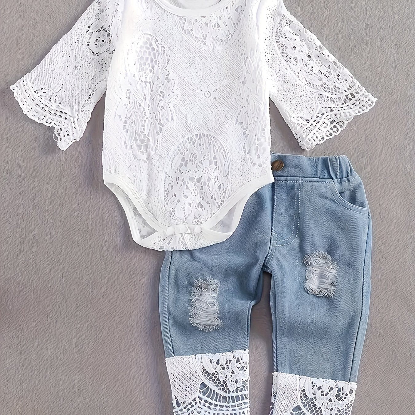 Coquette Baby Outfit 3Pc Lace Romper Denim Set Headband