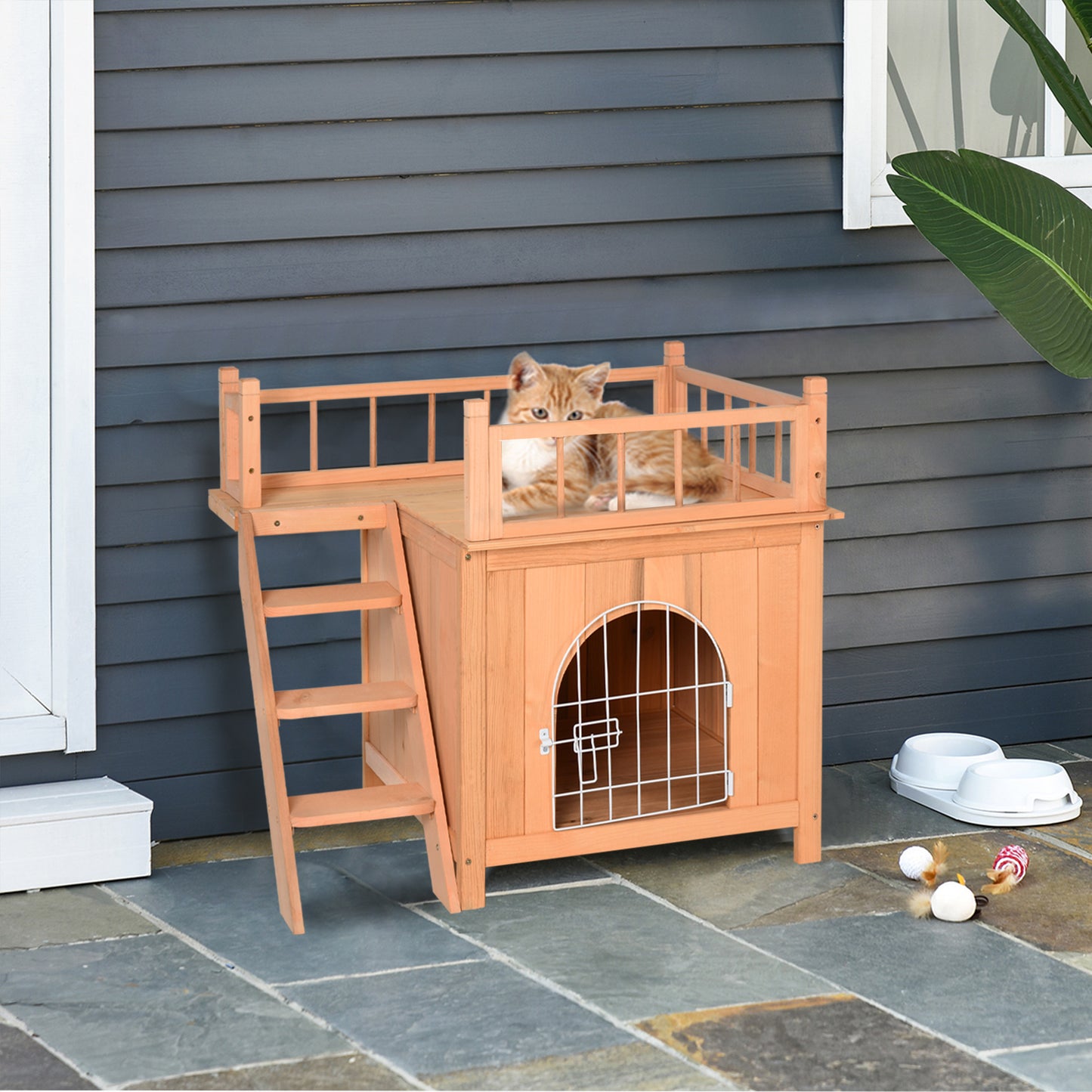 PawHut 2-Level Wooden Cat House Outdoor Dog Shelter with Lockable Door and Balcony