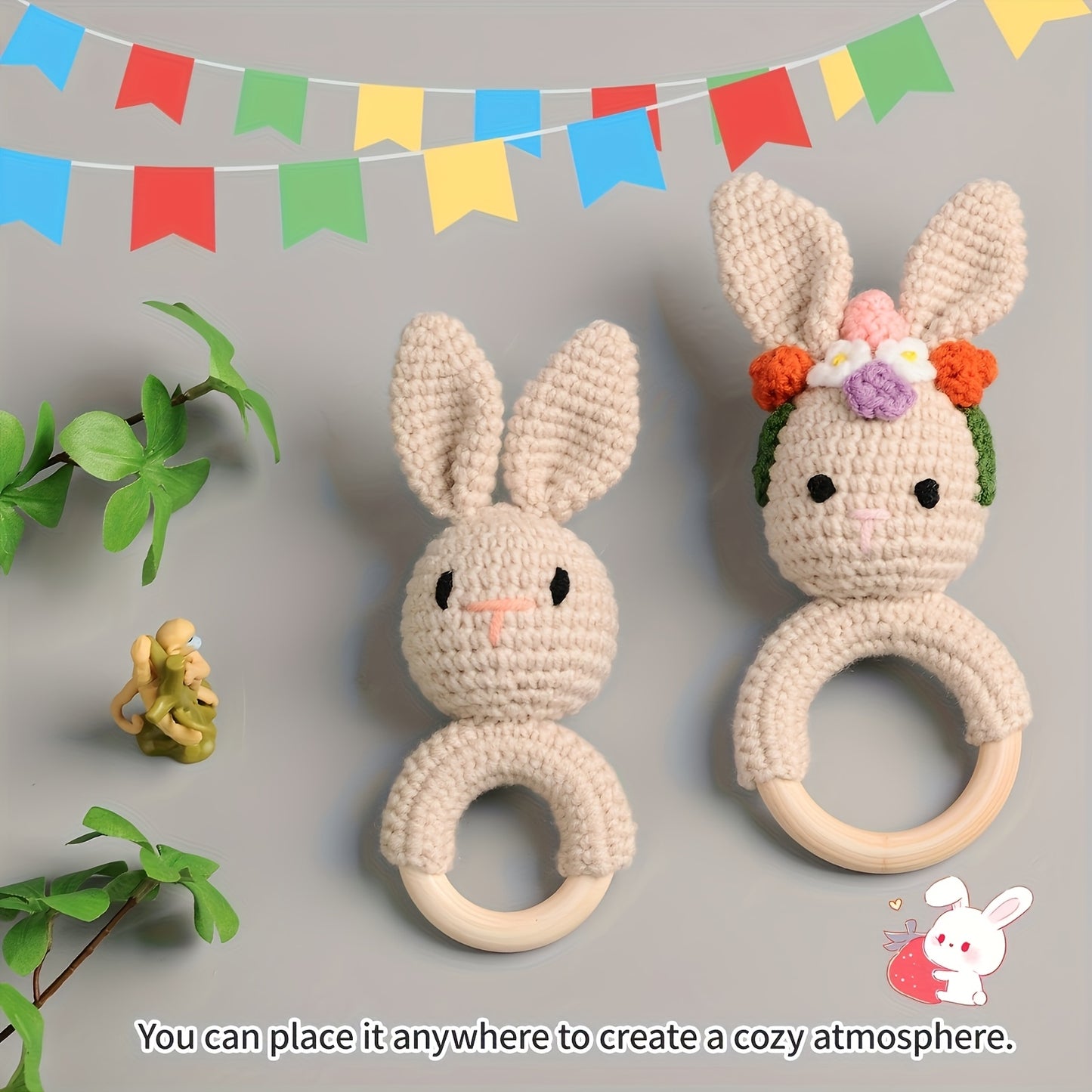A Set of 6 Rattles Featuring Animal Figurines Including an Elephant, a Moose, a Fox, a Rabbit, And a Deer. These Handcrafted Crochet Decorations Are Perfect for Festive Parties And Suitable for Babies And Children, Making The