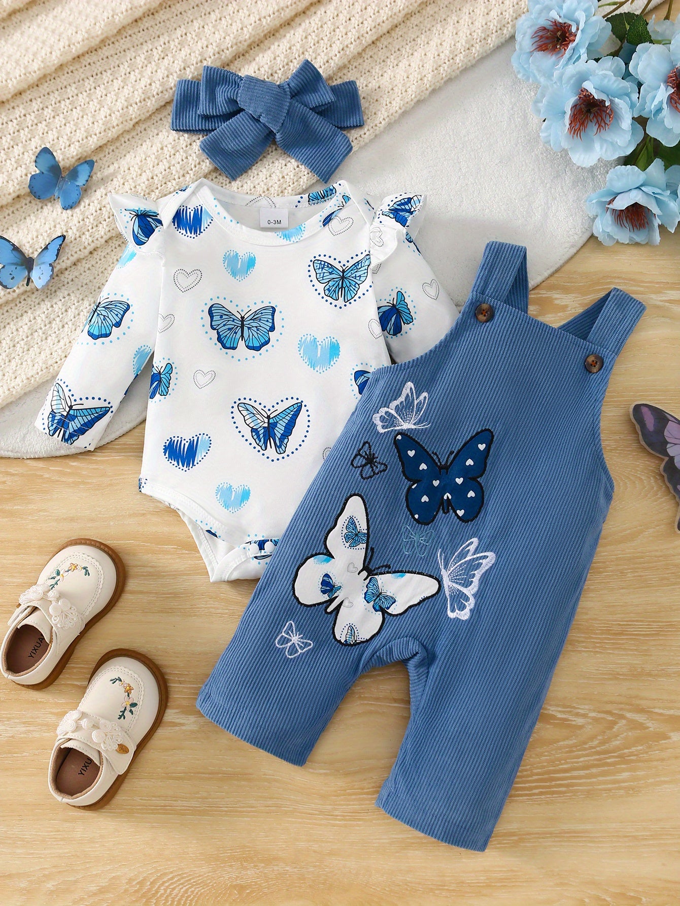 Three Piece Baby Girl Butterfly Print Set With Pants