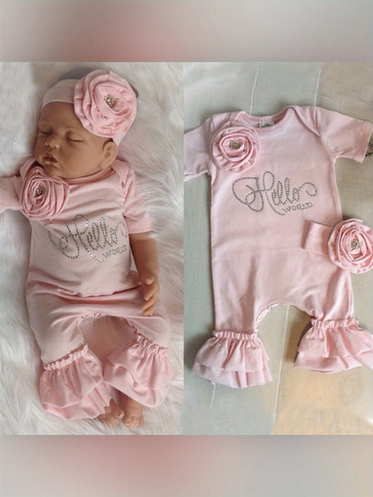 [Cotton Baby Romper] Soft Cotton Baby Girl's Floral Romper with Headband | Short Sleeve Bodysuit with Ruffled Hem & "Hello Baby" Print | Perfect for Summer, Outdoor