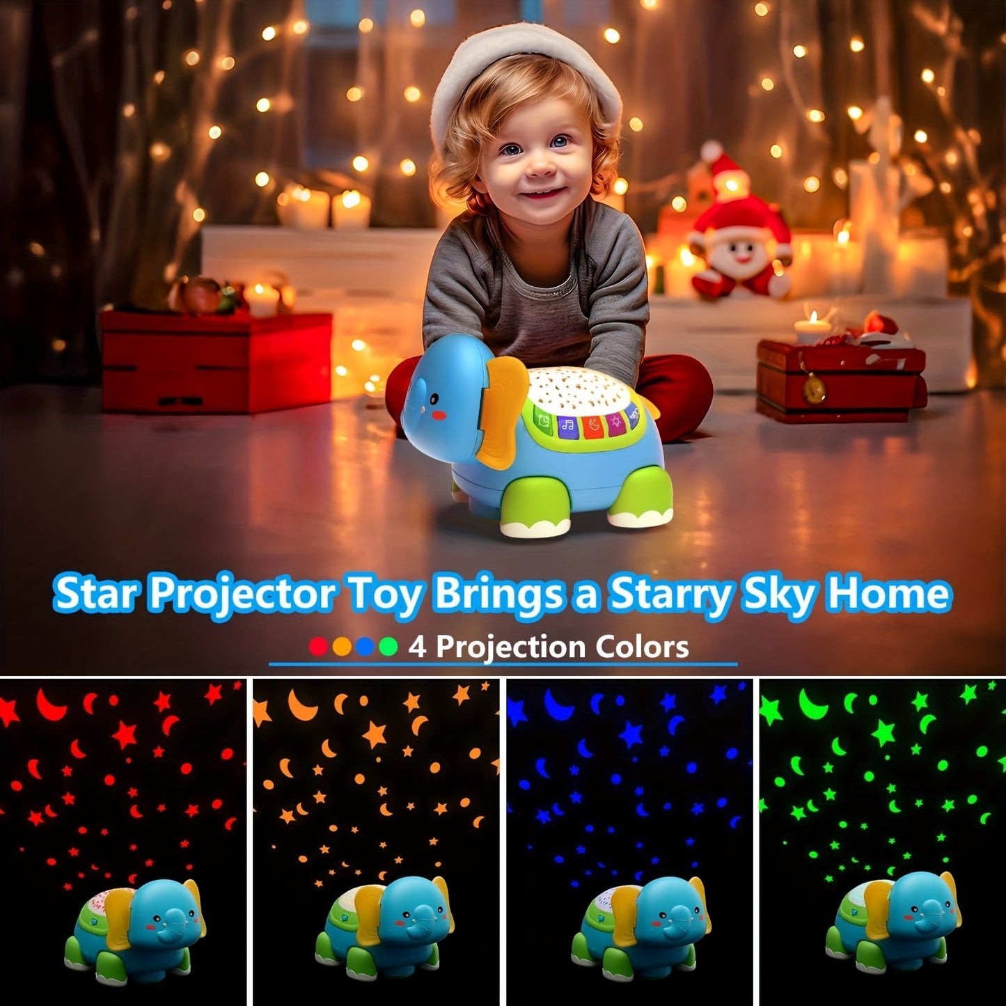 Crawling Baby Toys with Star Projector Music Light Elephant Sensory Toy for Development