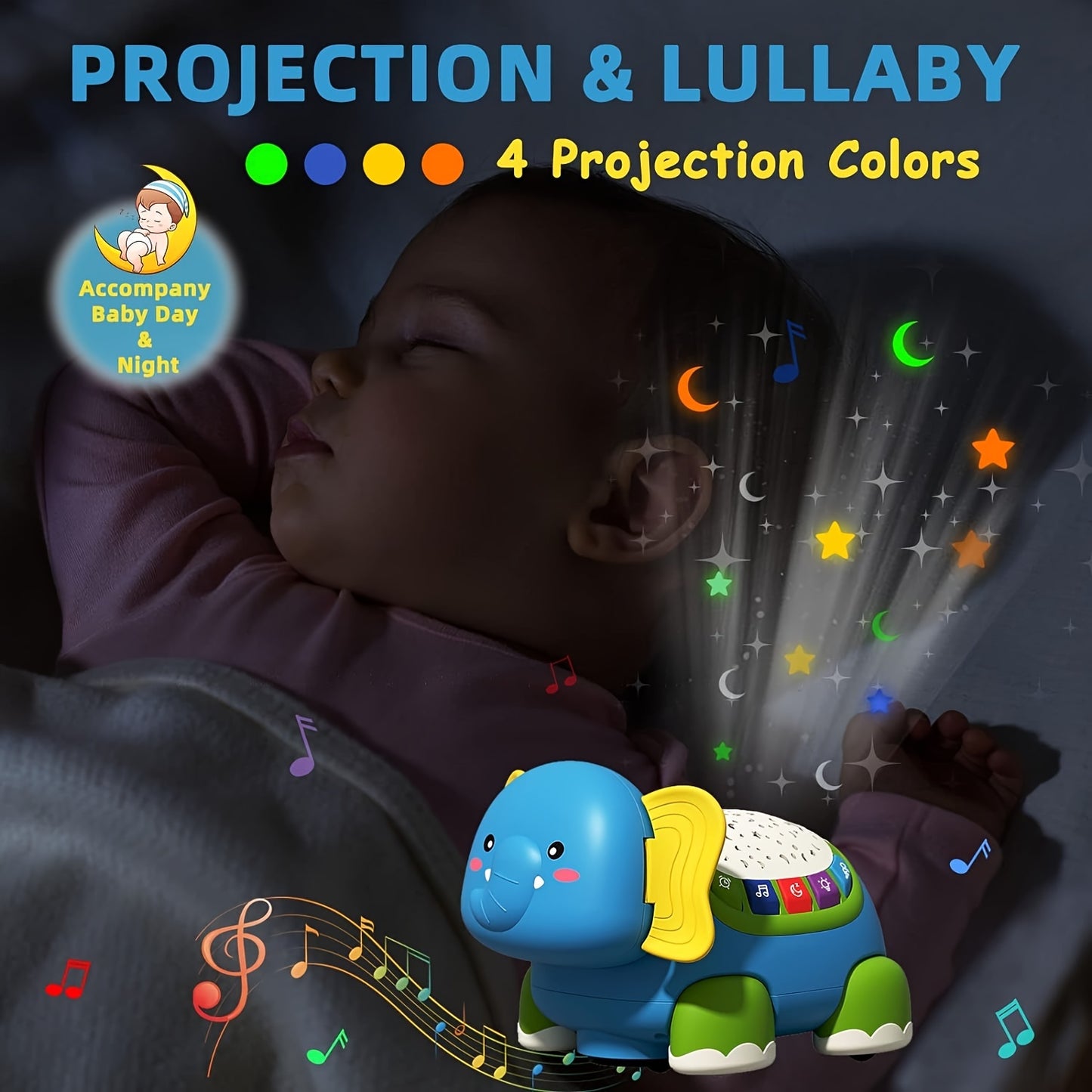 Crawling Baby Toys with Star Projector Music Light Elephant Sensory Toy for Development