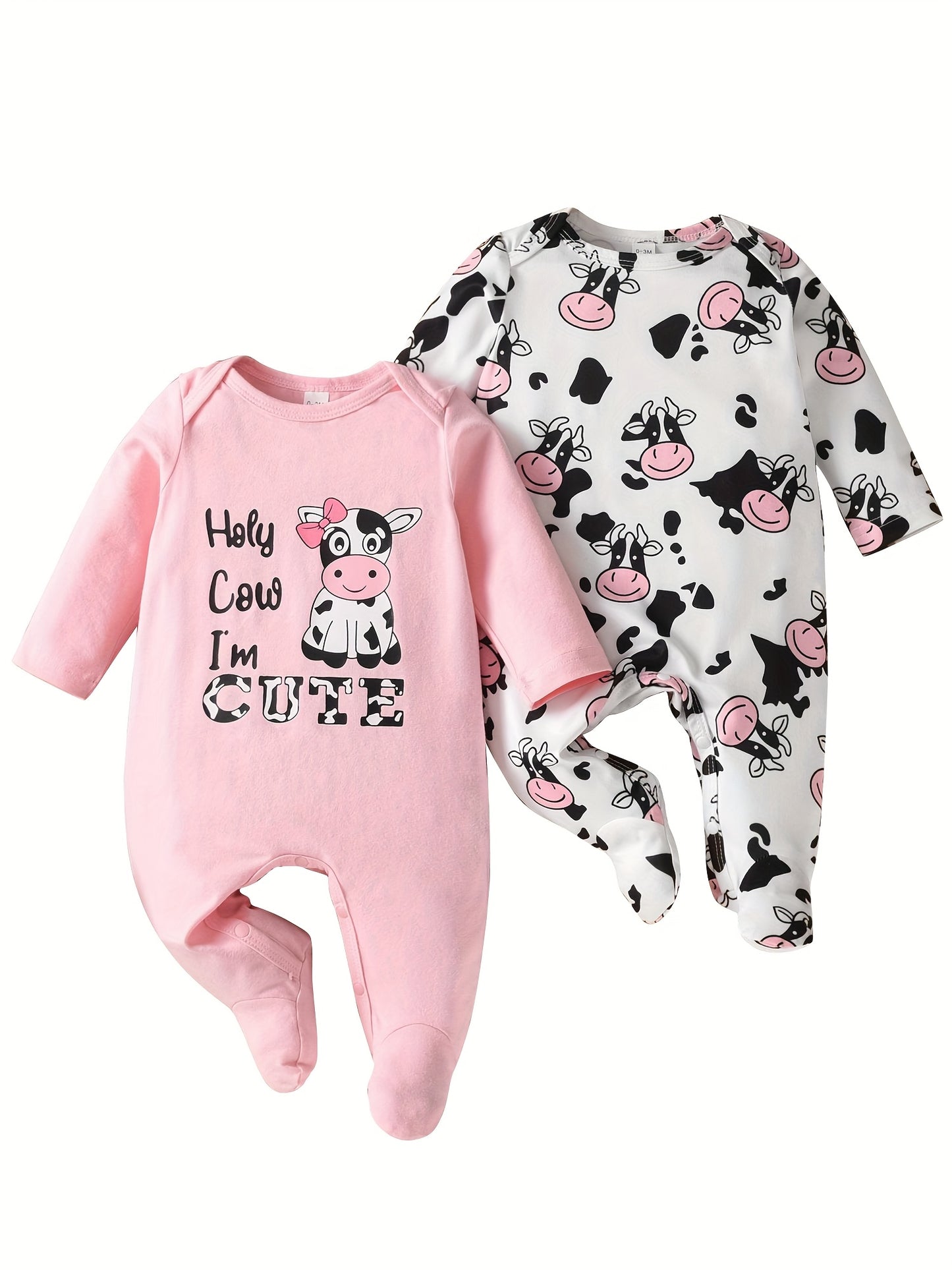 2pcs Newborn Baby Girl Romper Cow Pattern Cute Infant Outfits Long Sleeve Jumpsuits Baby Girl Clothes, for Outdoor