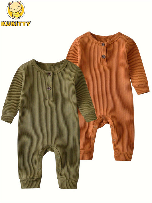 KuKitty Baby Boy Girl 2 Pcs Long Sleeve Solid Color Ribbed Romper Jumpsuit Outfits Clothes