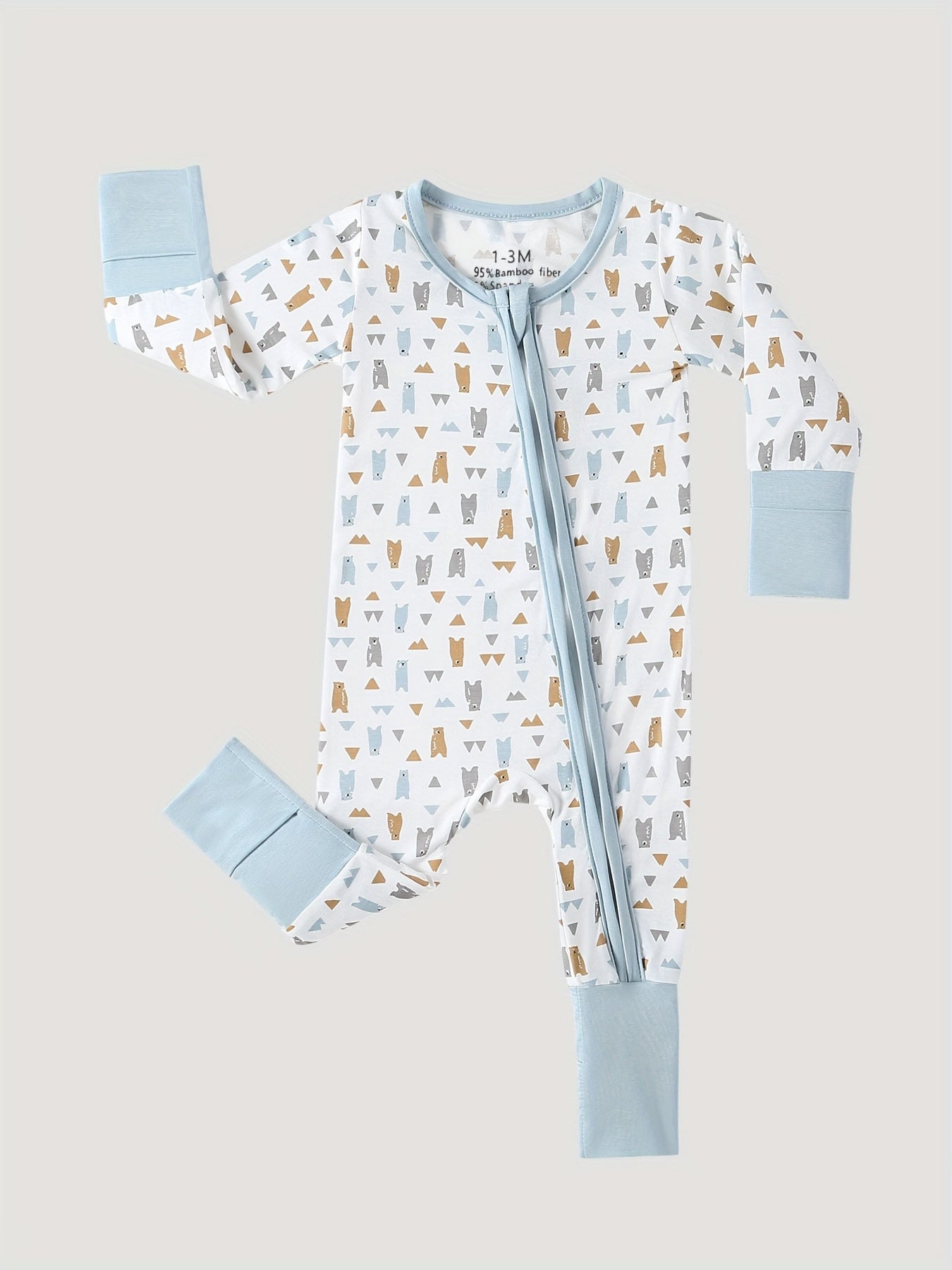Bamboo Baby Bear Farm Print Romper Sleeper with Mitten Cuffs Feet Cuff Newborn Boy Girl And Play with Anti Grips Bottom Feet, for Outdoor