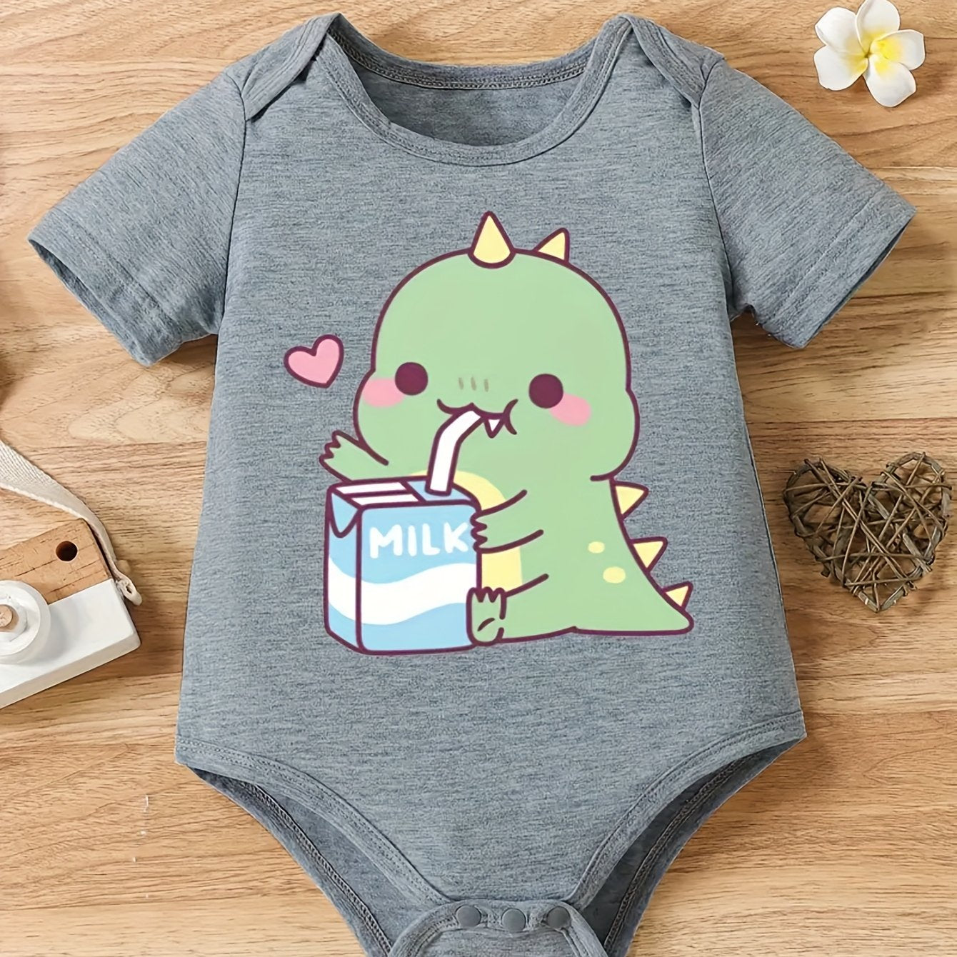 Adorable Green Dinosaur Cartoon Print Baby Onesie Soft Knit Summer Romper for Girls