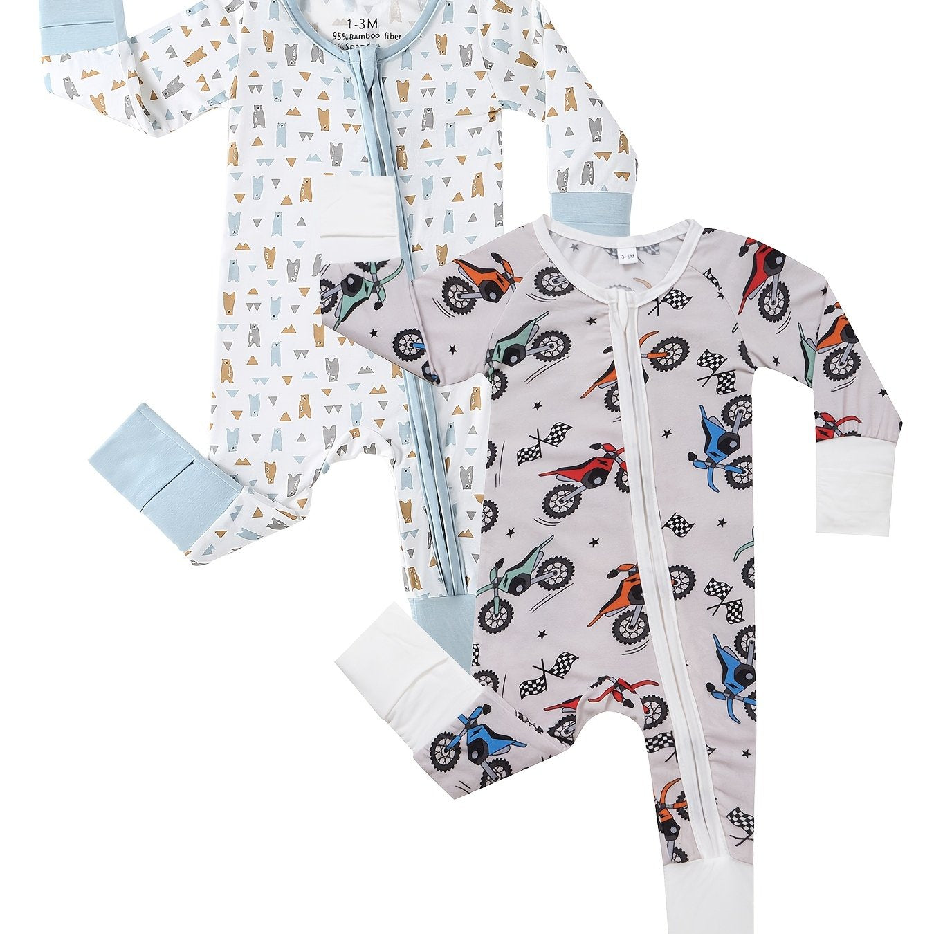 Bamboo Baby Bear Farm Print Romper Sleeper with Mitten Cuffs Feet Cuff Newborn Boy Girl And Play with Anti Grips Bottom Feet, for Outdoor