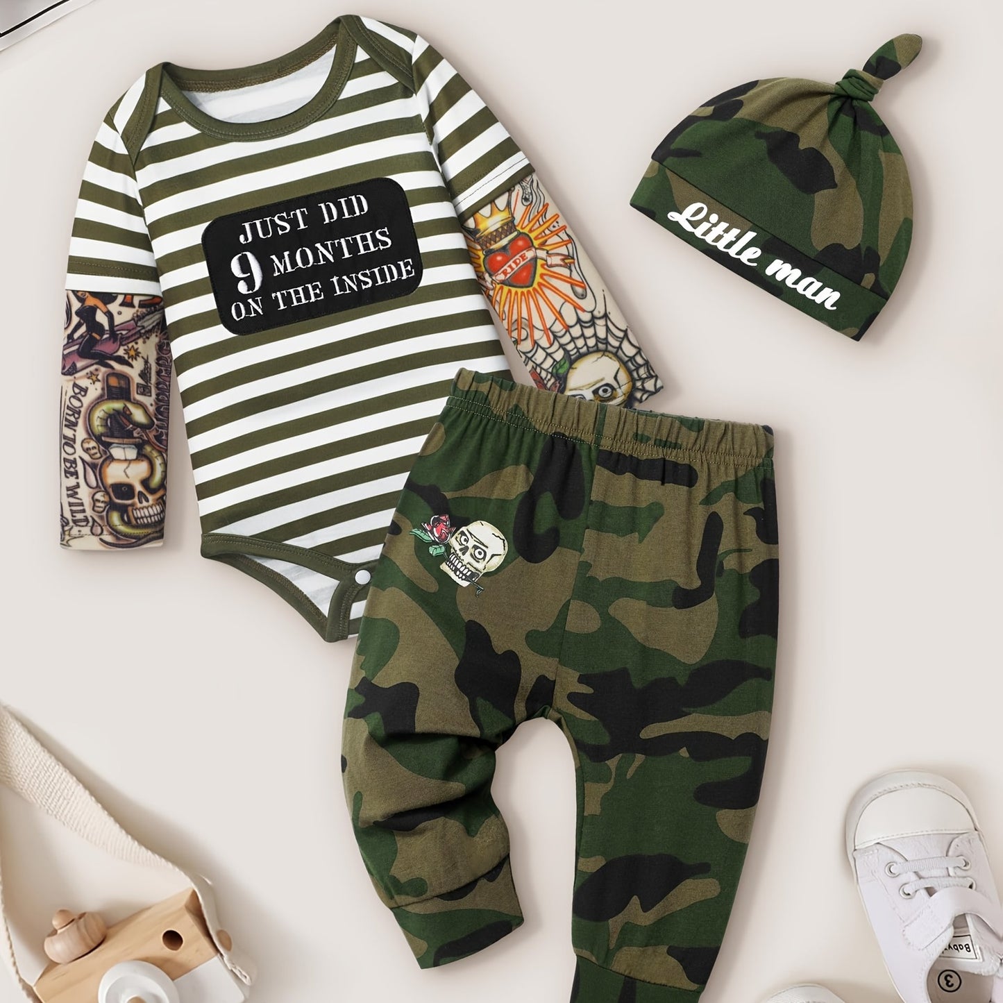 Newborn Baby Boy Tattoo Print Striped Romper Set With Black Pants Three Piece Outfit