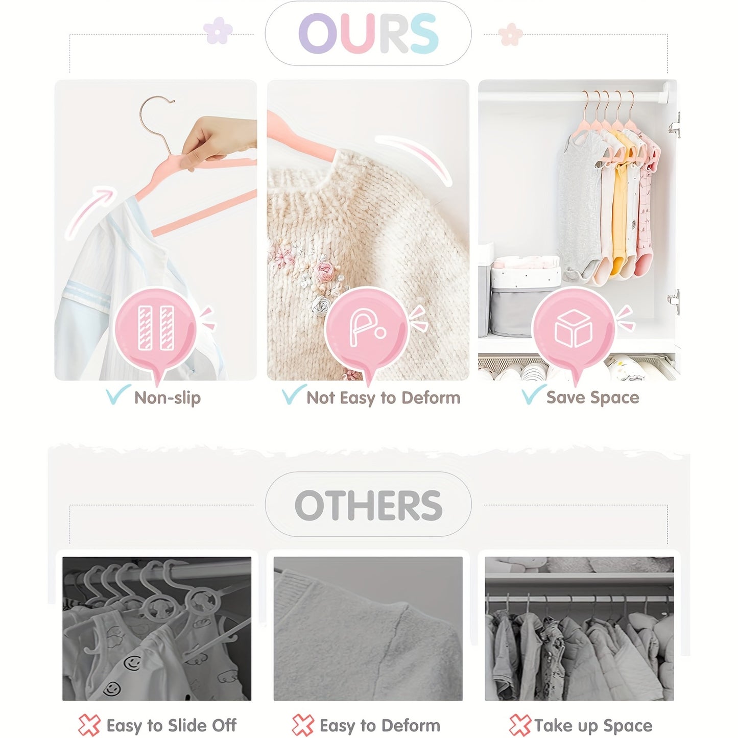 Baby Hangers, JEOWOQAO 11 Inch Pink Velvet Kids Hangers With 6pcs Size Dividers Non Slip Nursery Children Closet Clothes Hangers For Infant Toddler Girls And Boys 50pcs