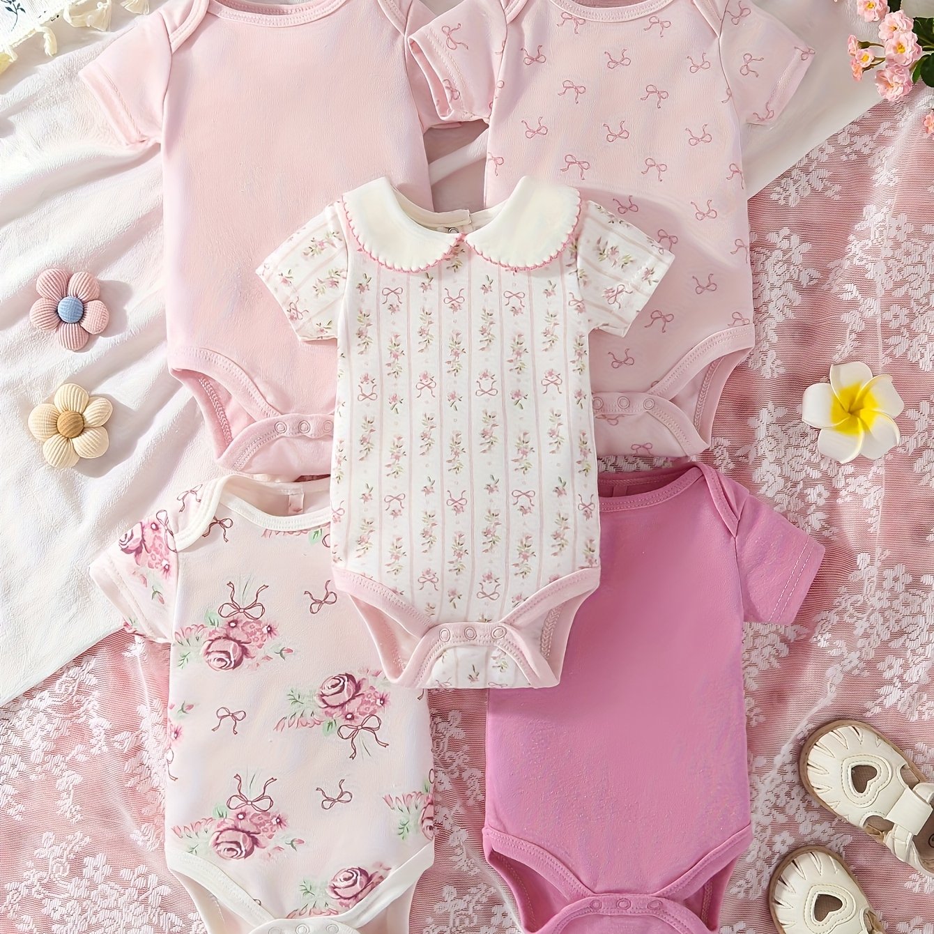 5pcs Set Of Baby Girl Short Sleeved Triangle Jumpsuit With Pink Flowers, Cute Baby Girl Outfit, Crawling Suit, for Outdoor