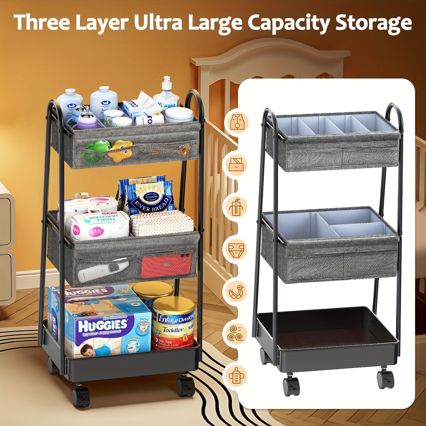 3 Tier Diaper Caddy Organizer Cart with Rolling Wheels for Nursery and Bedroom Essentials