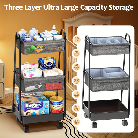 3 Tier Diaper Caddy Organizer Cart with Rolling Wheels for Nursery and Bedroom Essentials