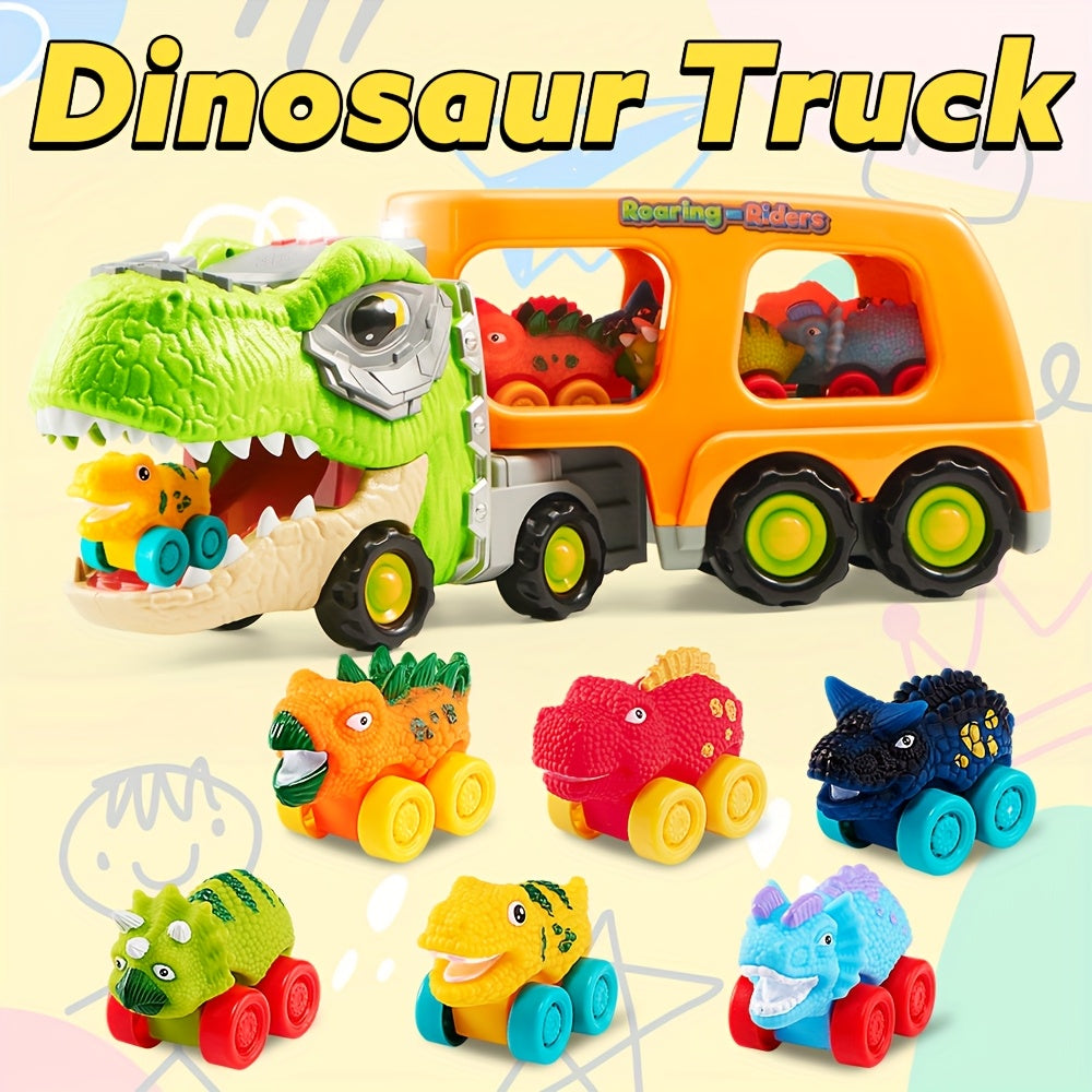 Dinosaur Truck Toy Car Carrier Set With Six Rubber Cars Music Lights Gift for Kids