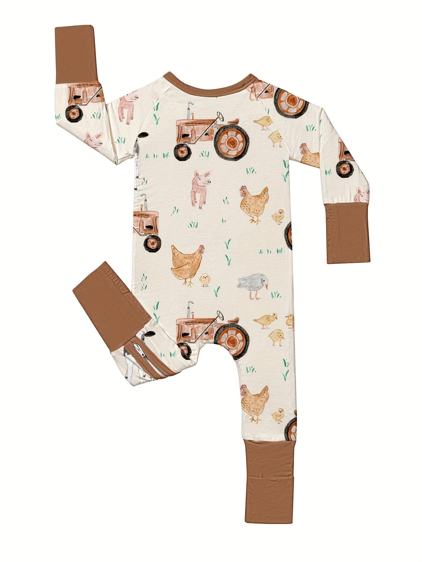 [Bamboo | Soft] Soft Bamboo Fiber Youngsters Romper | Long Sleeve, Zipper Closure, Anti-Grip Feet & Mitten Cuffs | Machine Washable, All-Season Comfort, Cartoon Farm Prints, Safe Youngsters, Bamboo Youngsters Clothes