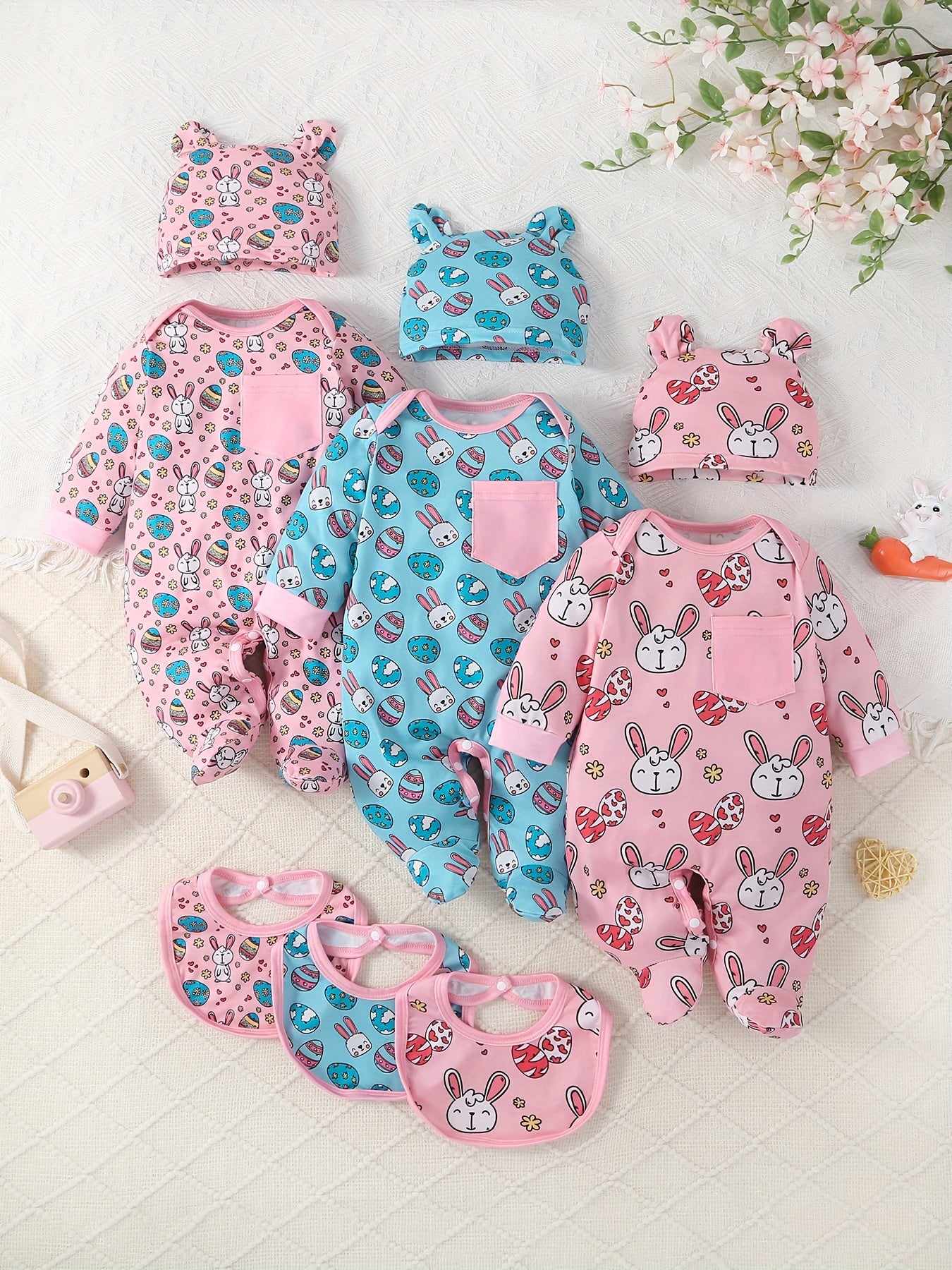 Newborn Girl 9Pc All Season Outfit Set With Bunny Hat