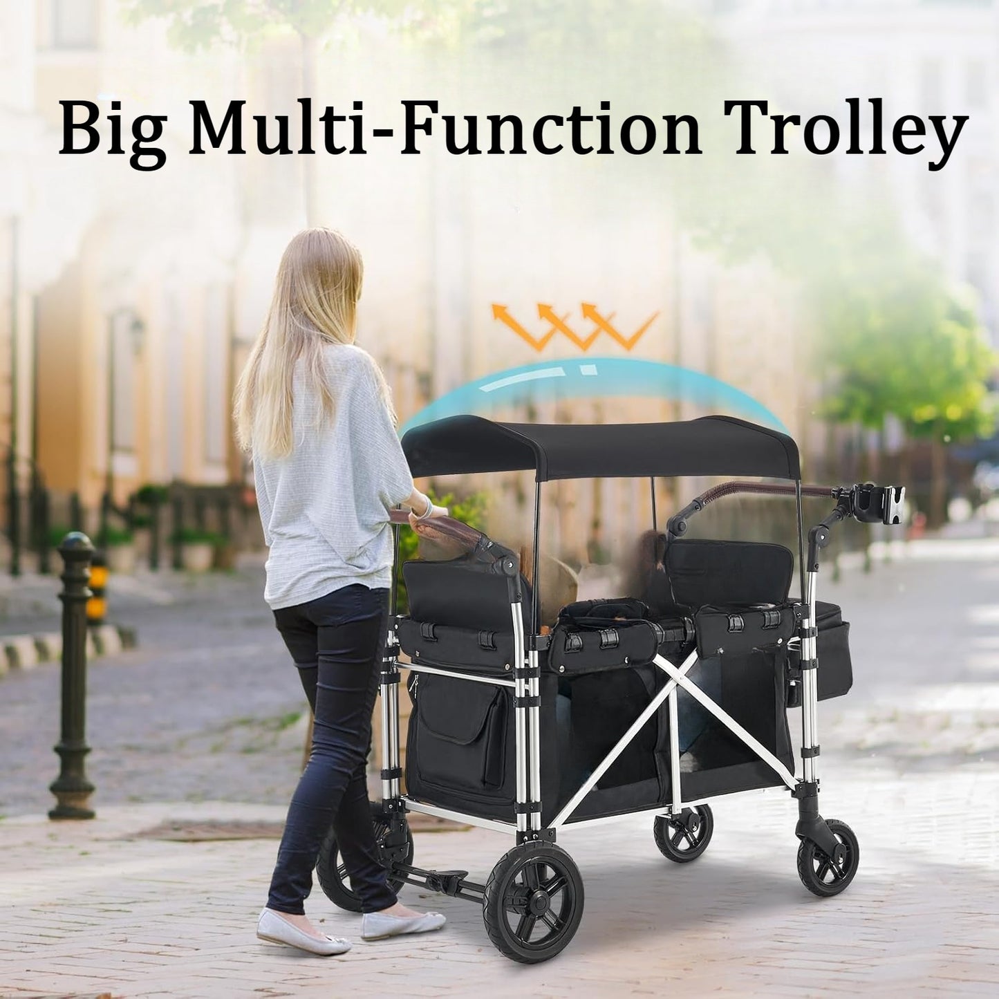 Big Multi-Function Trolley, Wagon Cart Featuring 4 High Seat with 5-Point Harnesses and Adjustable Canopy, Foldable Double Push Bar Wagon Stroller for Outdoor Garden, Stroller, Camping (Black-G)
