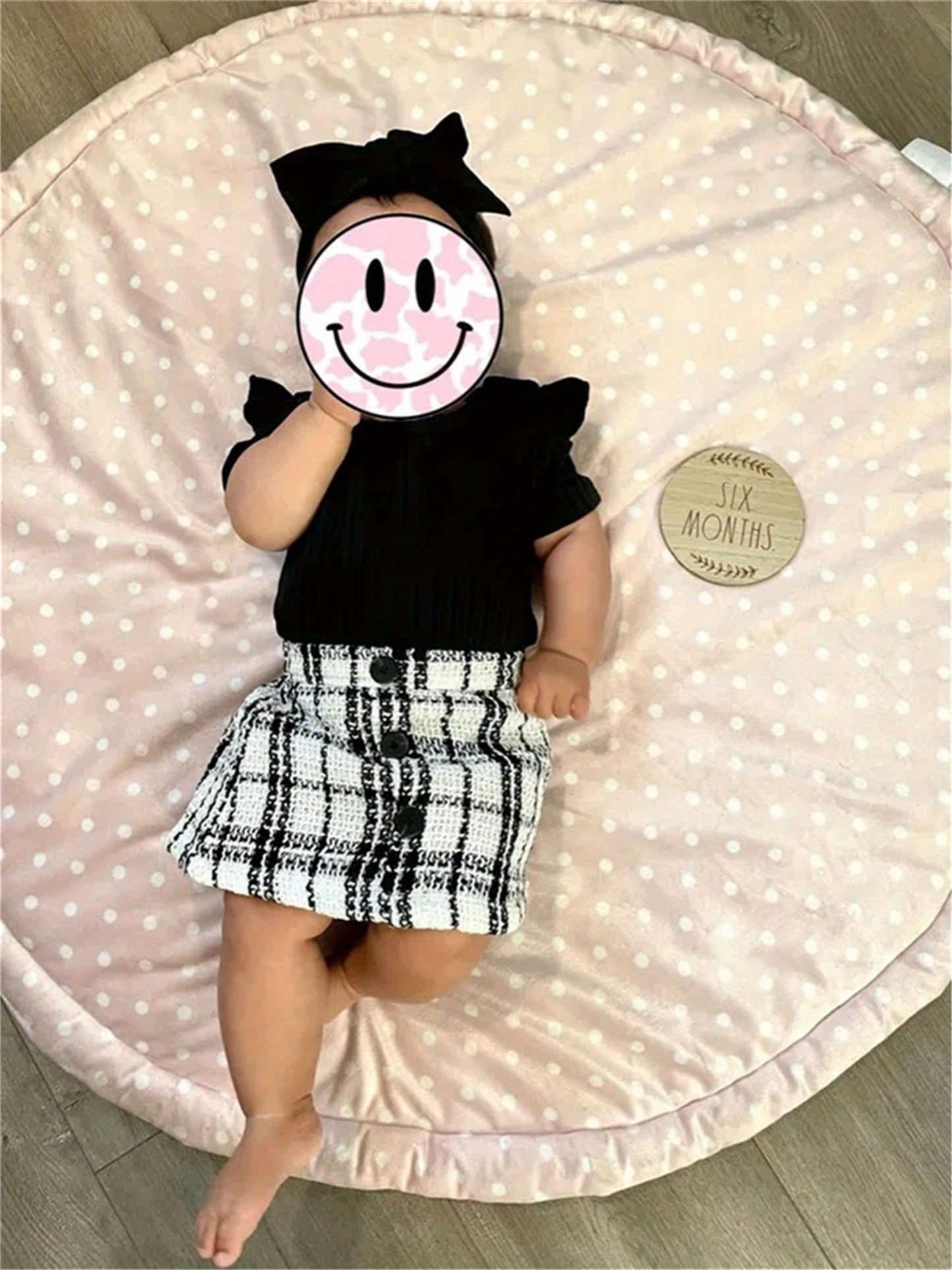 Infants Baby Girl Fashion Clothes Set Solid Cotton Short Sleeve Bodysuit Top + Plaid Skirt with Headband Toddler Summer Outfits, for Outdoor