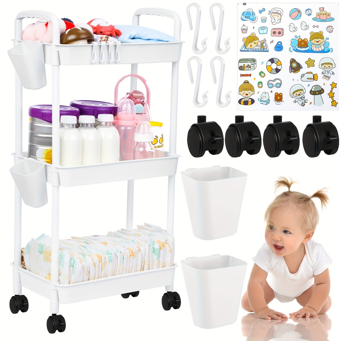 3 Tier Movable Diaper Caddy Organizer Cart for Nursery and Changing Table Essentials