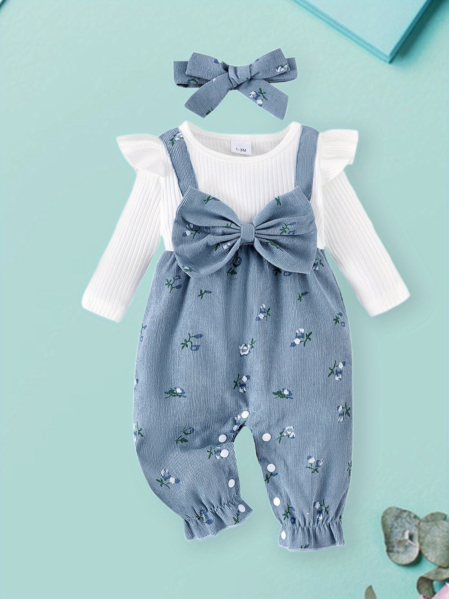 Infant Girls Floral Long Sleeve Romper Set With Headband