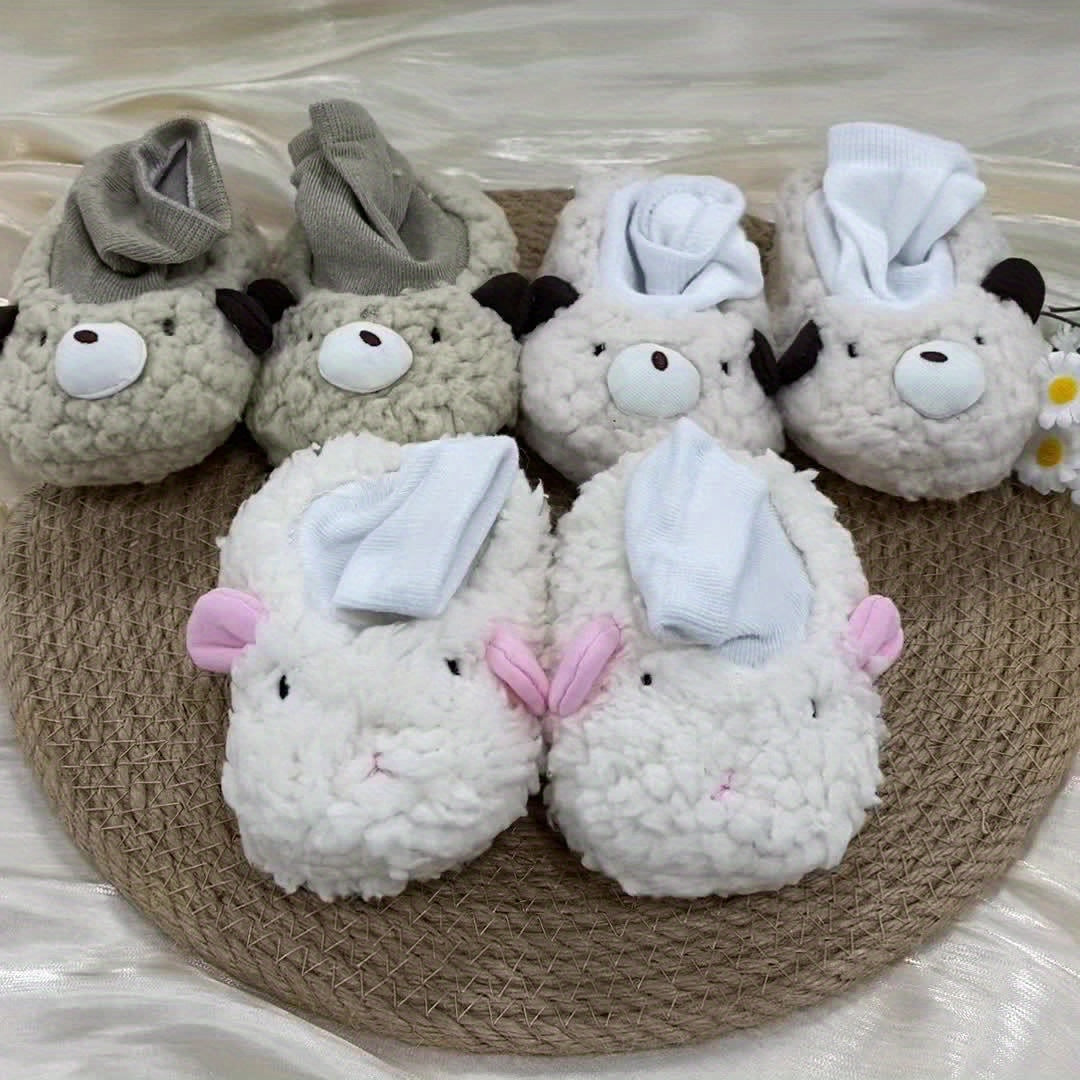 Cute Cartoon Animal Sock Shoes for Newborns, Warm Fleece-Lined Slip-On Footwear, Fabric Upper/Inner/Sole, Casual Street Style, with Sewing Thread Detail, for Indoor & Daily Use, Fall/Winter Season, Baby Shoes