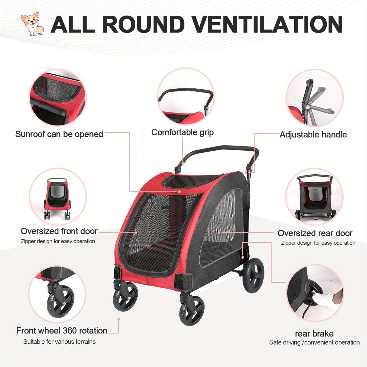 Spacious Pet StrollerRoomy For Pets Up To 120lbs (54kg). 3-sided Mesh For Airflow & Security. 360° Silent Wheels & 3-angle Adjustable Handle For Easy Maneuvering. One-step Fold For Compact Storage.