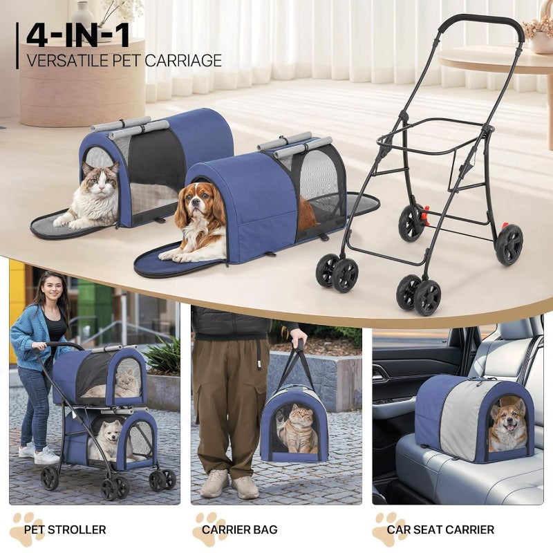 Double Dog Stroller with Detachable Carrier Bags Large 4 Wheels Foldable Jogger for Small and Medium Dog Cats
